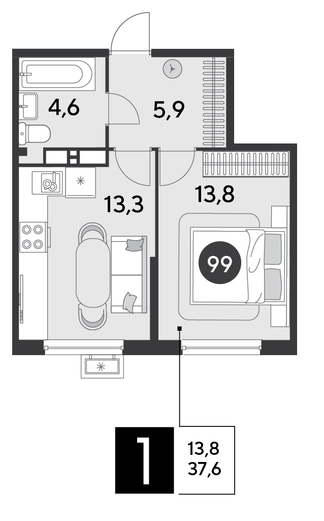 Планировка 1-комнатная 37,6 м²