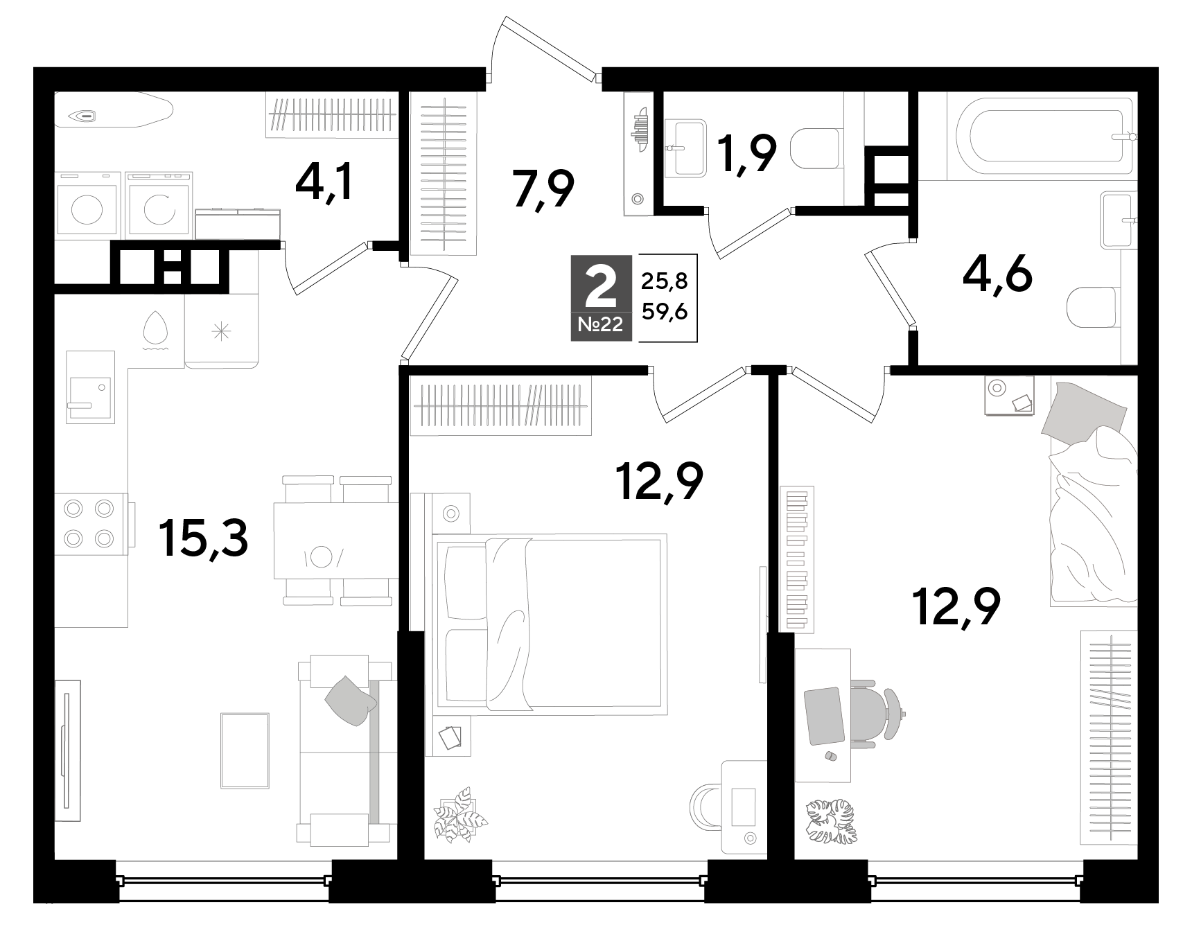 Планировка: 2-комн. квартира 59,6 м²