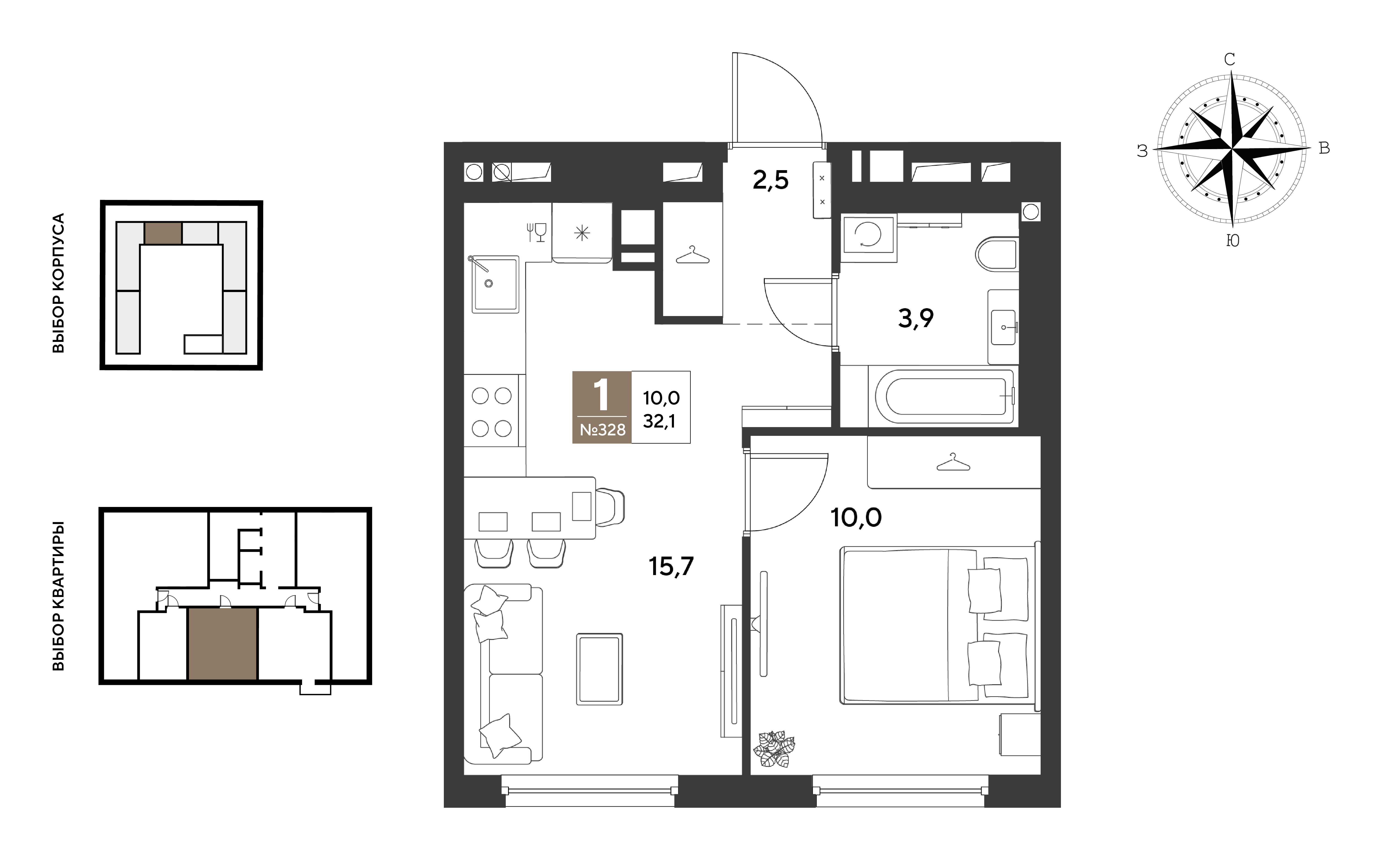 Планировка: 1-комн. квартира 32,1 м²
