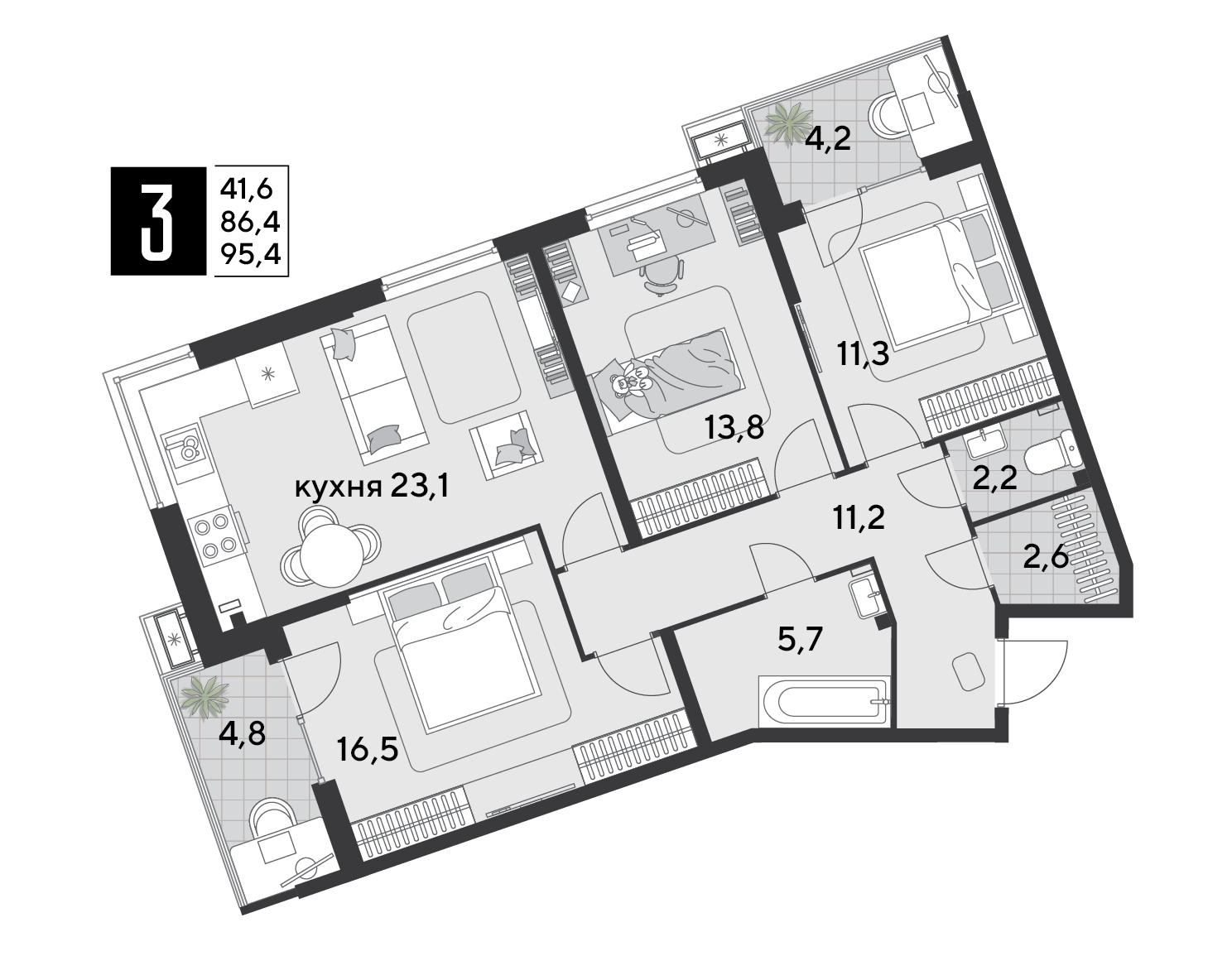Планировка: 3-комн. квартира 96,8 м²
