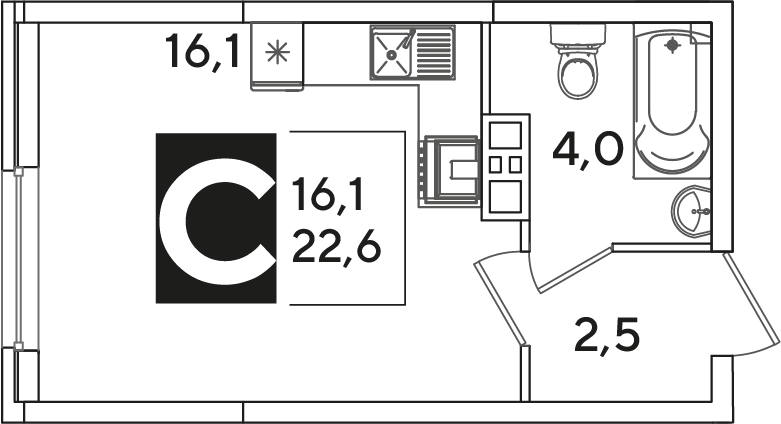 Планировка: Студия 22,6 м²