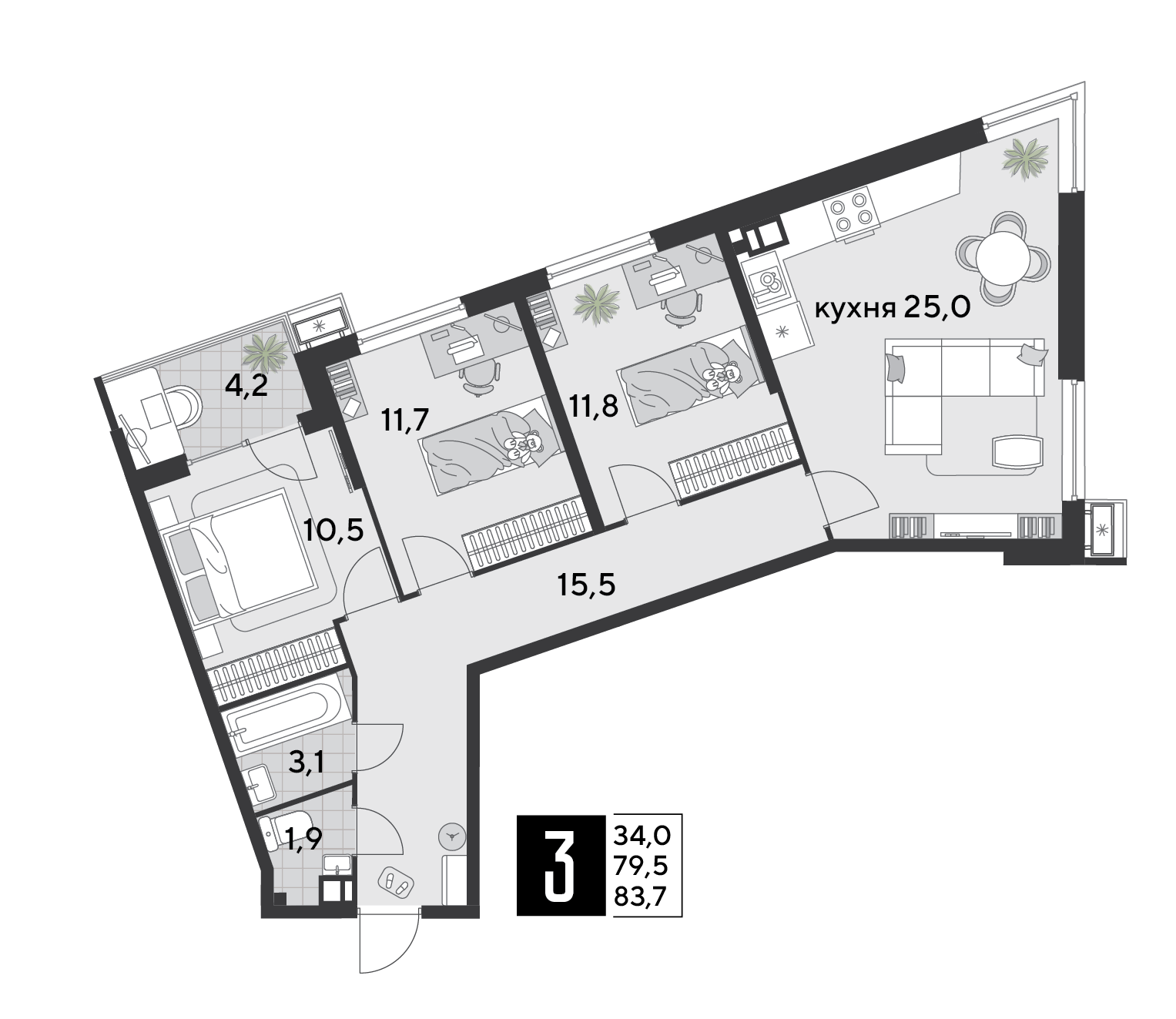 Планировка: 3-комн. квартира 83,7 м²