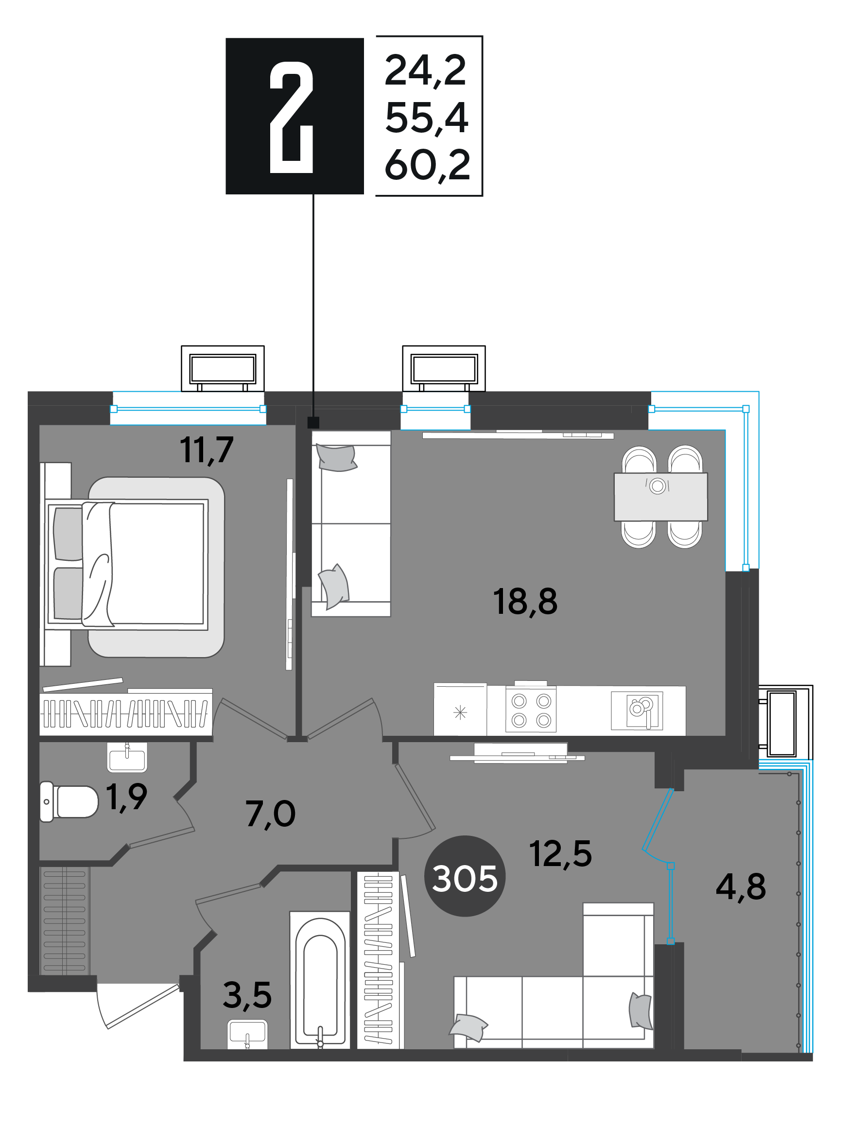 Планировка: 2-комн. квартира 60,2 м²