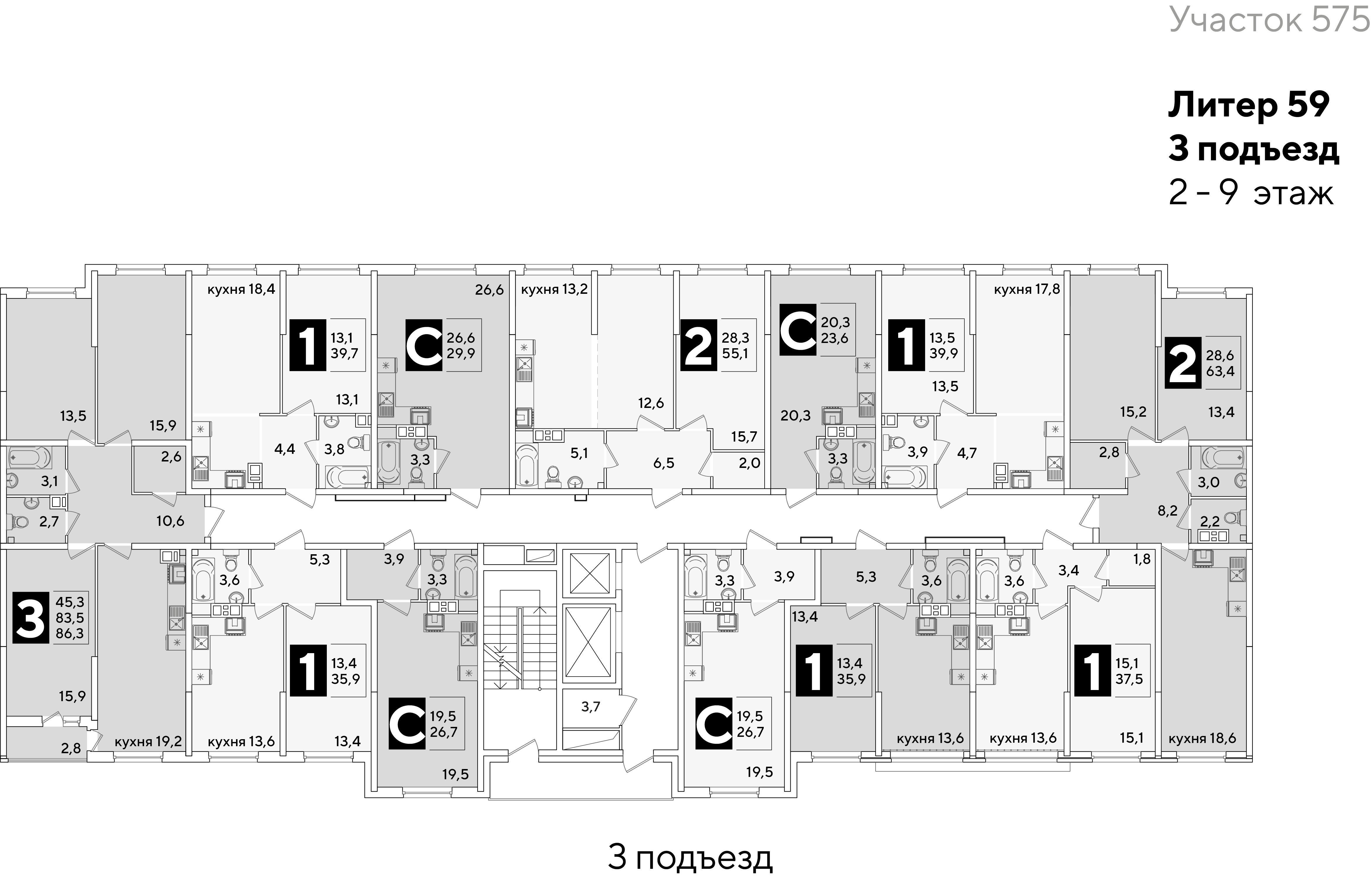 План 6 этажа, Литер 59, подъезд 3