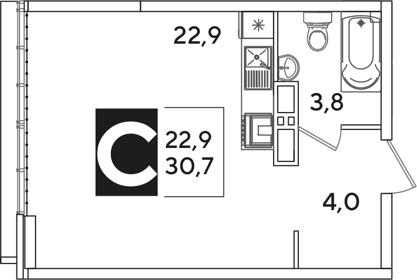 Планировка: Студия 30,7 м²