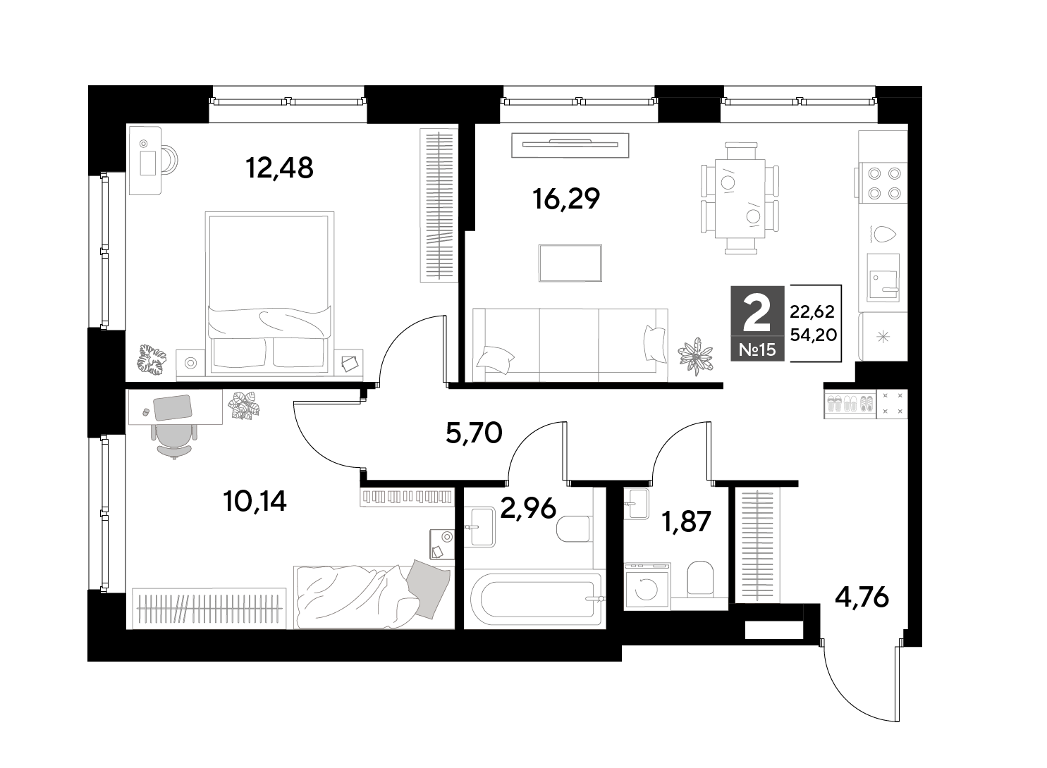Планировка 2-комнатная 54,2 м²
