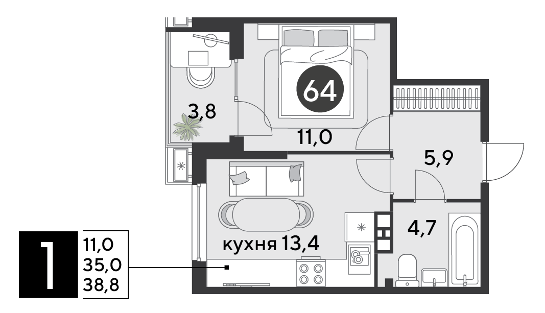 Планировка: 1-комн. квартира 38,8 м²