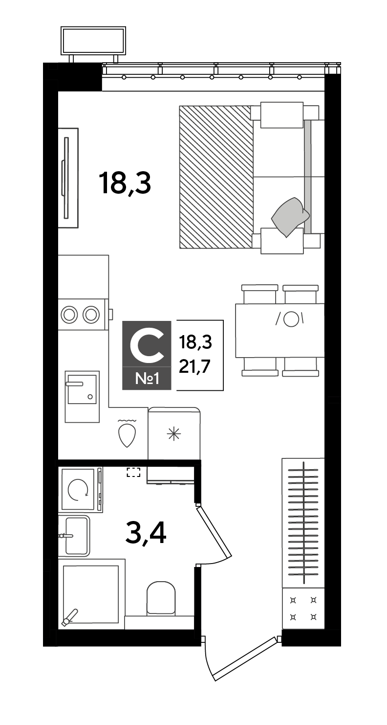 Планировка: Студия 21,7 м²