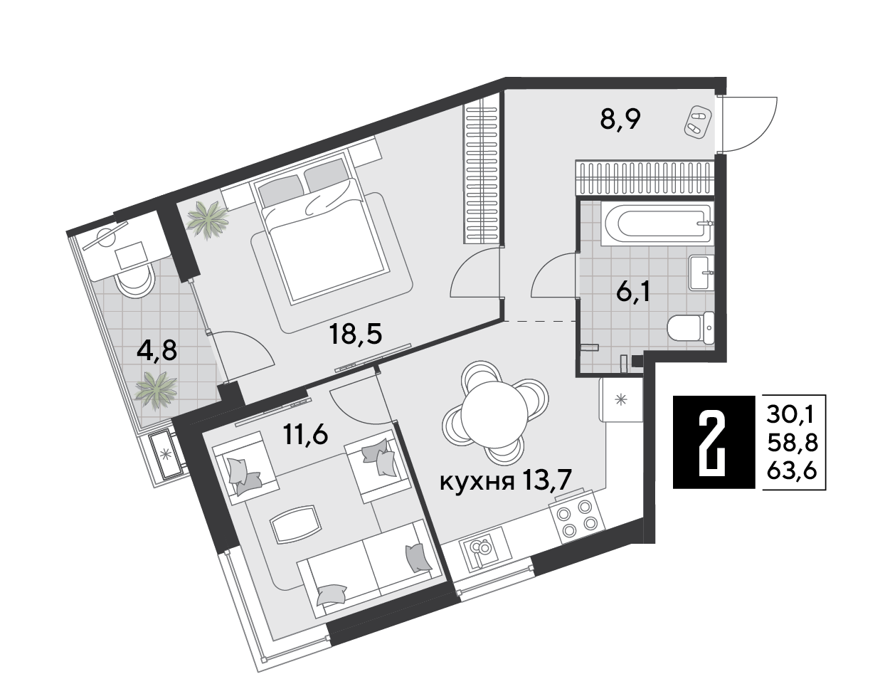 Планировка 2-комнатная 64,1 м²