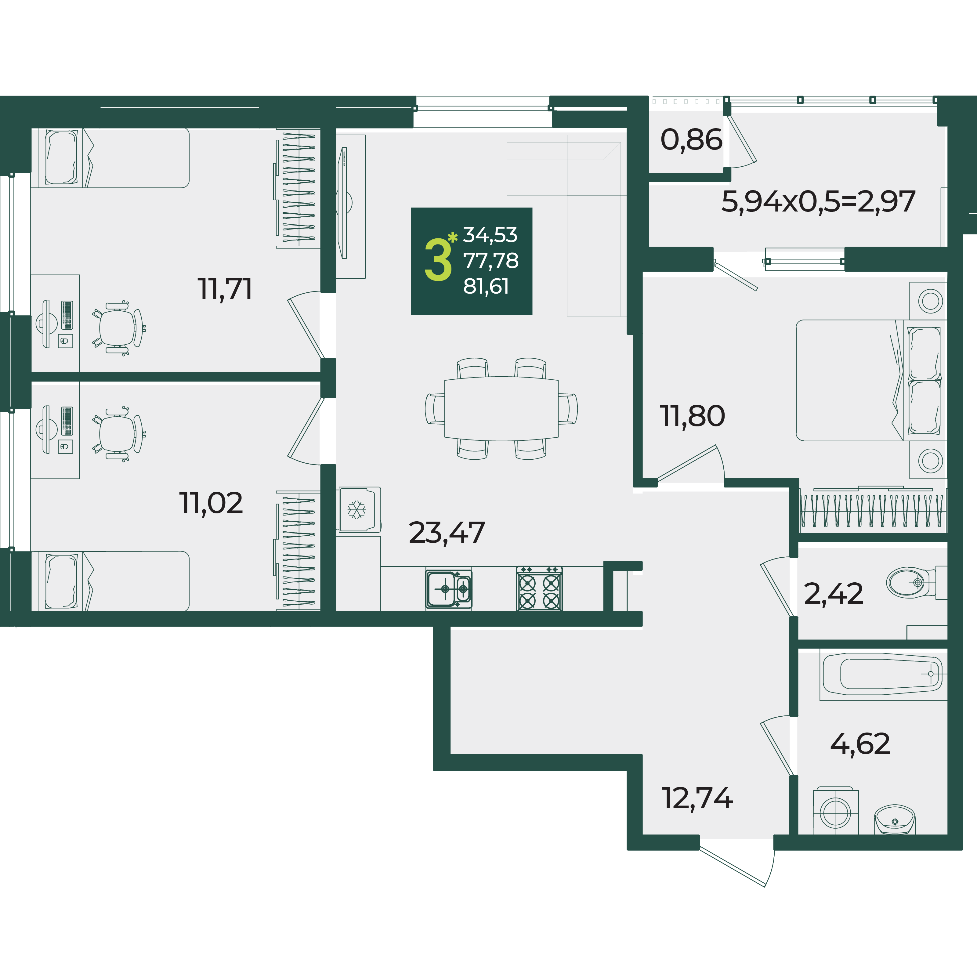 Планировка 3-комнатная 81,61 м²