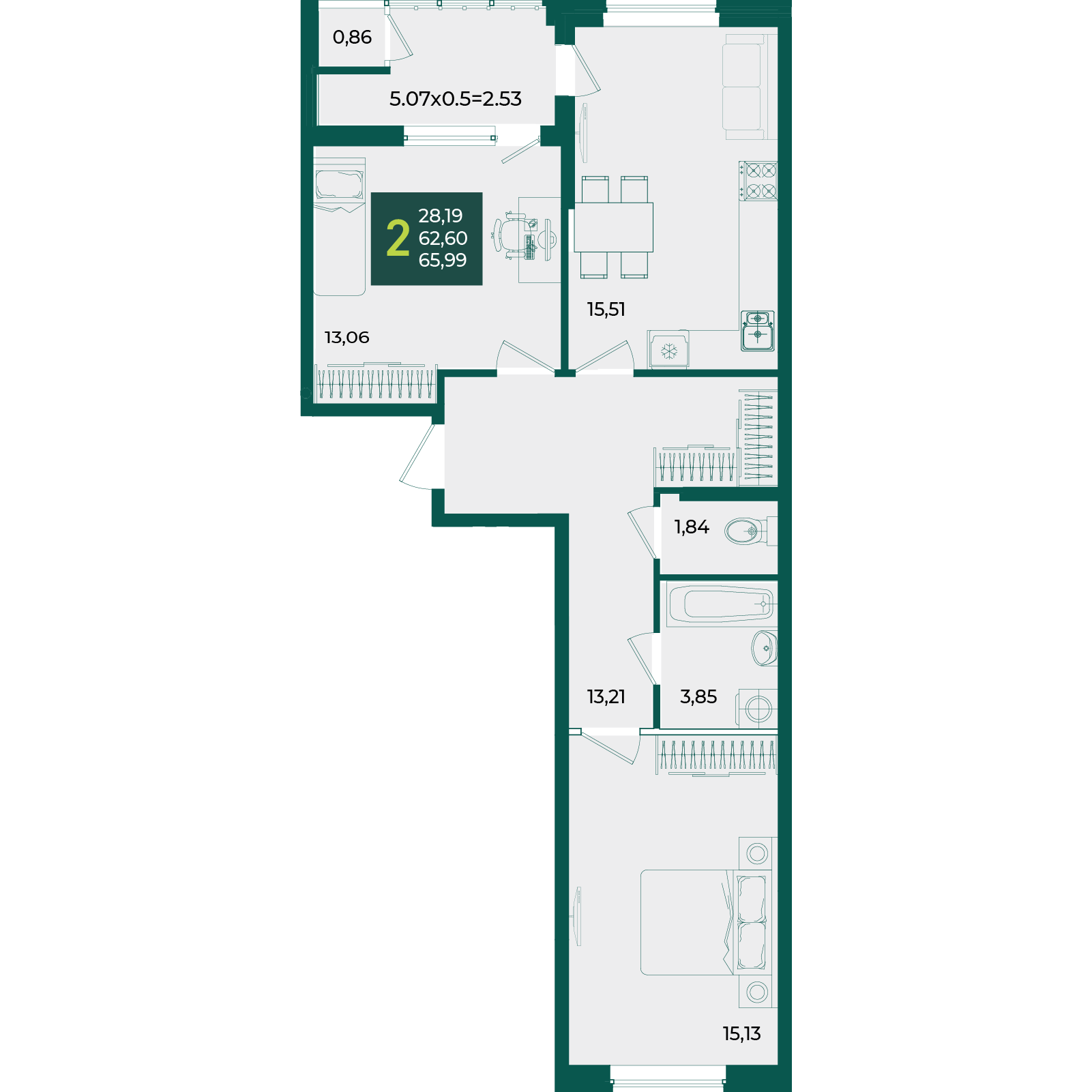 Планировка: 2-комн. квартира 66 м²