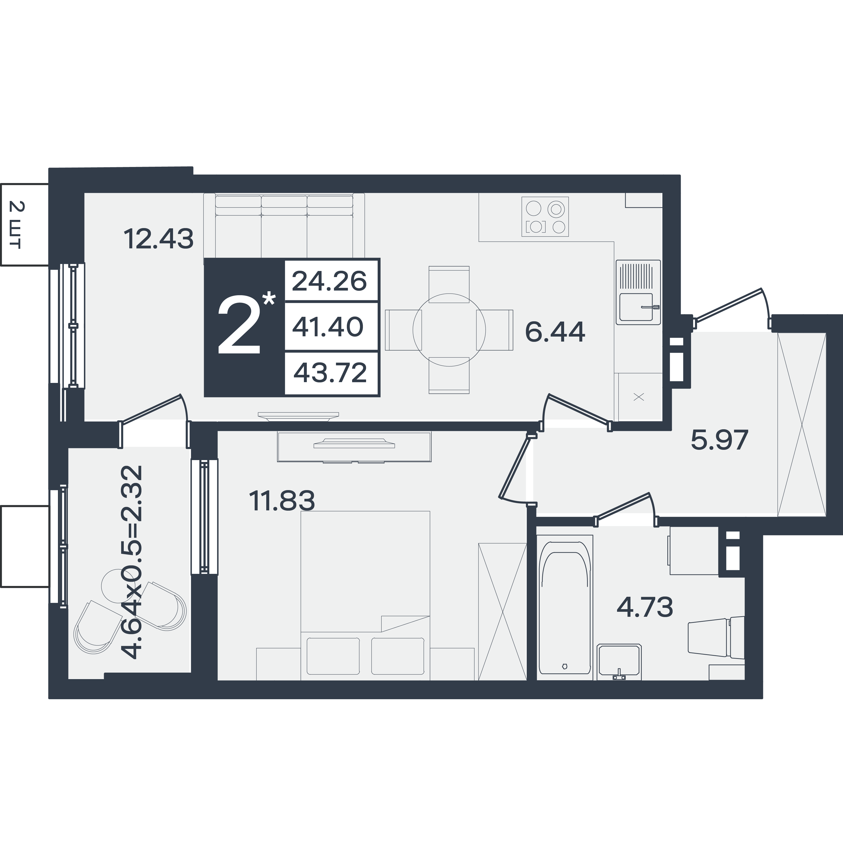 Планировка: 2-комн. квартира 43,7 м²