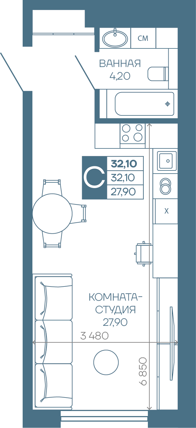 Планировка Студия 32,1 м²