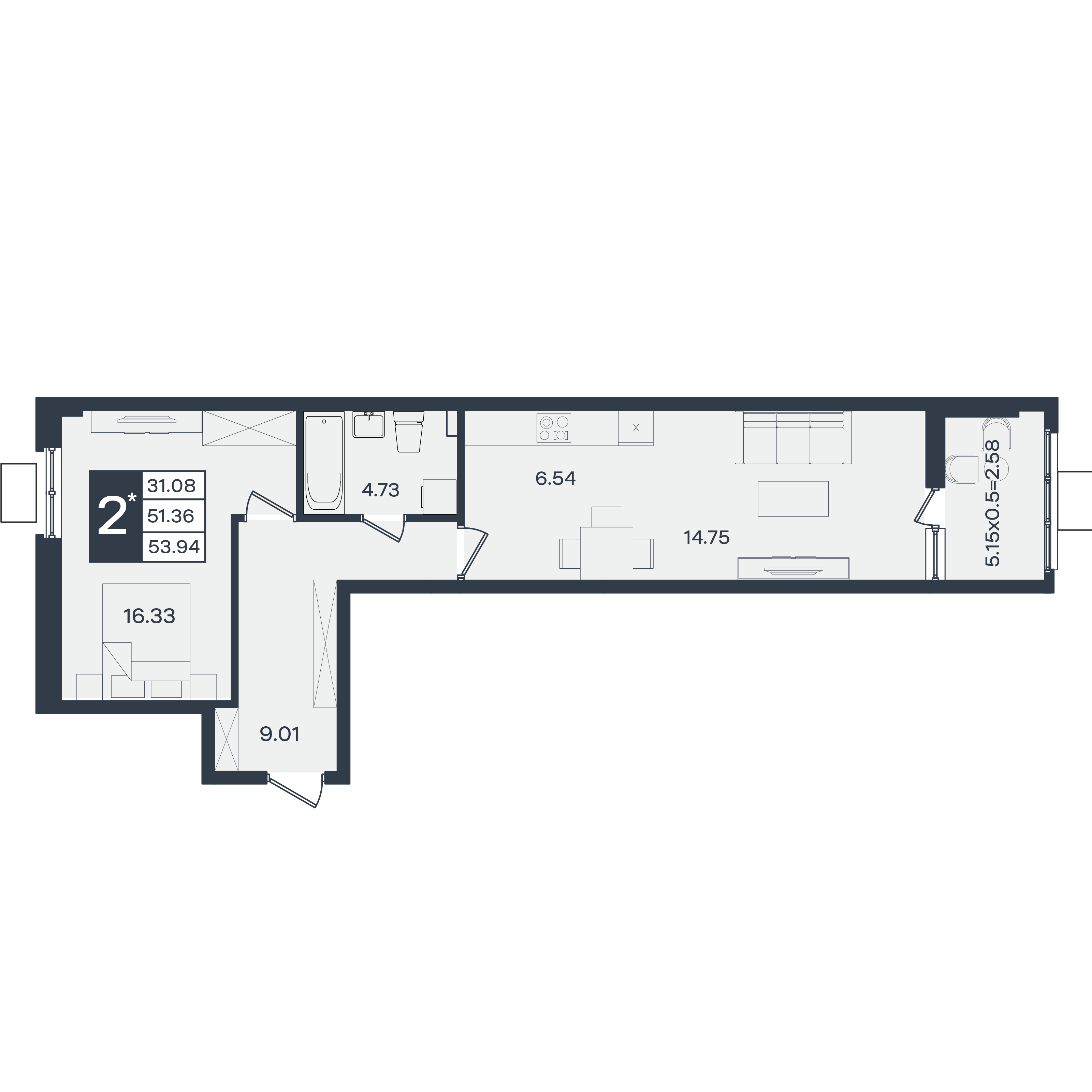 Планировка: 2-комн. квартира 53,9 м²
