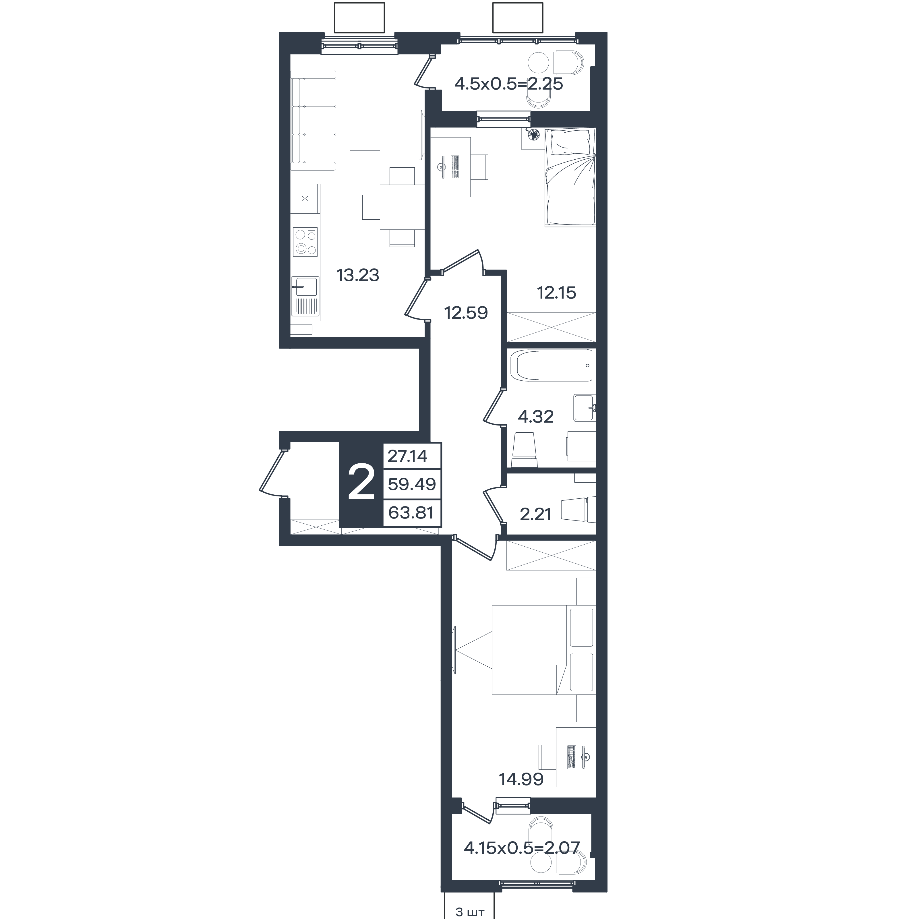 Планировка: 2-комн. квартира 63,8 м²