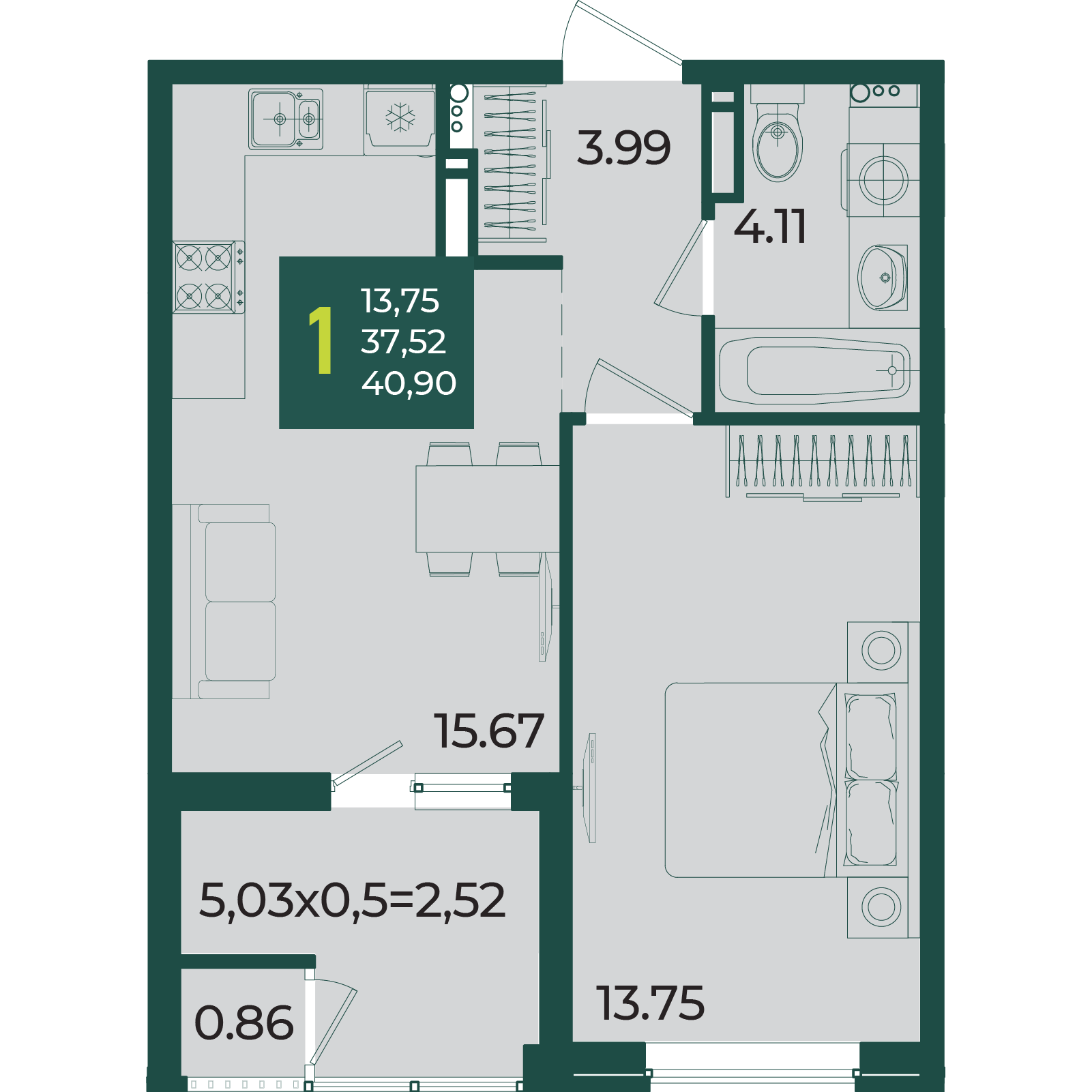 Планировка 1-комнатная 40,9 м²