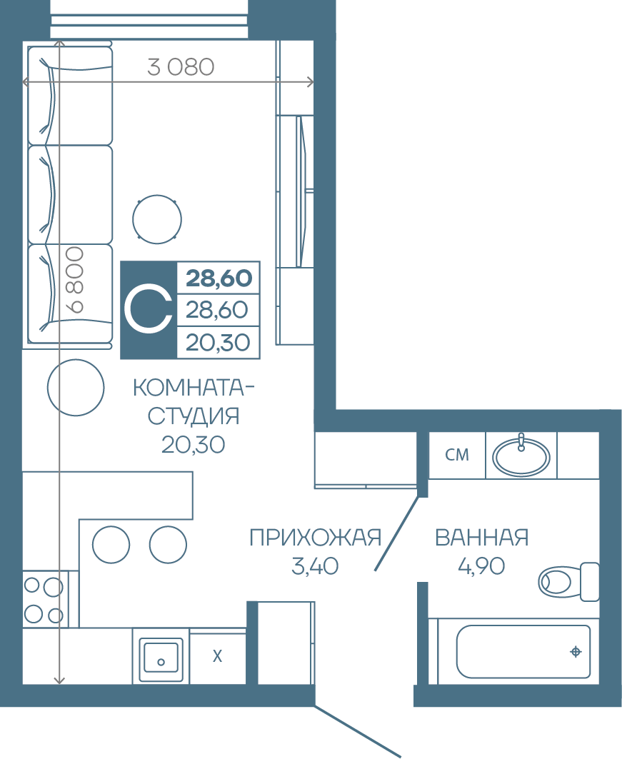 Планировка Студия 28,6 м²