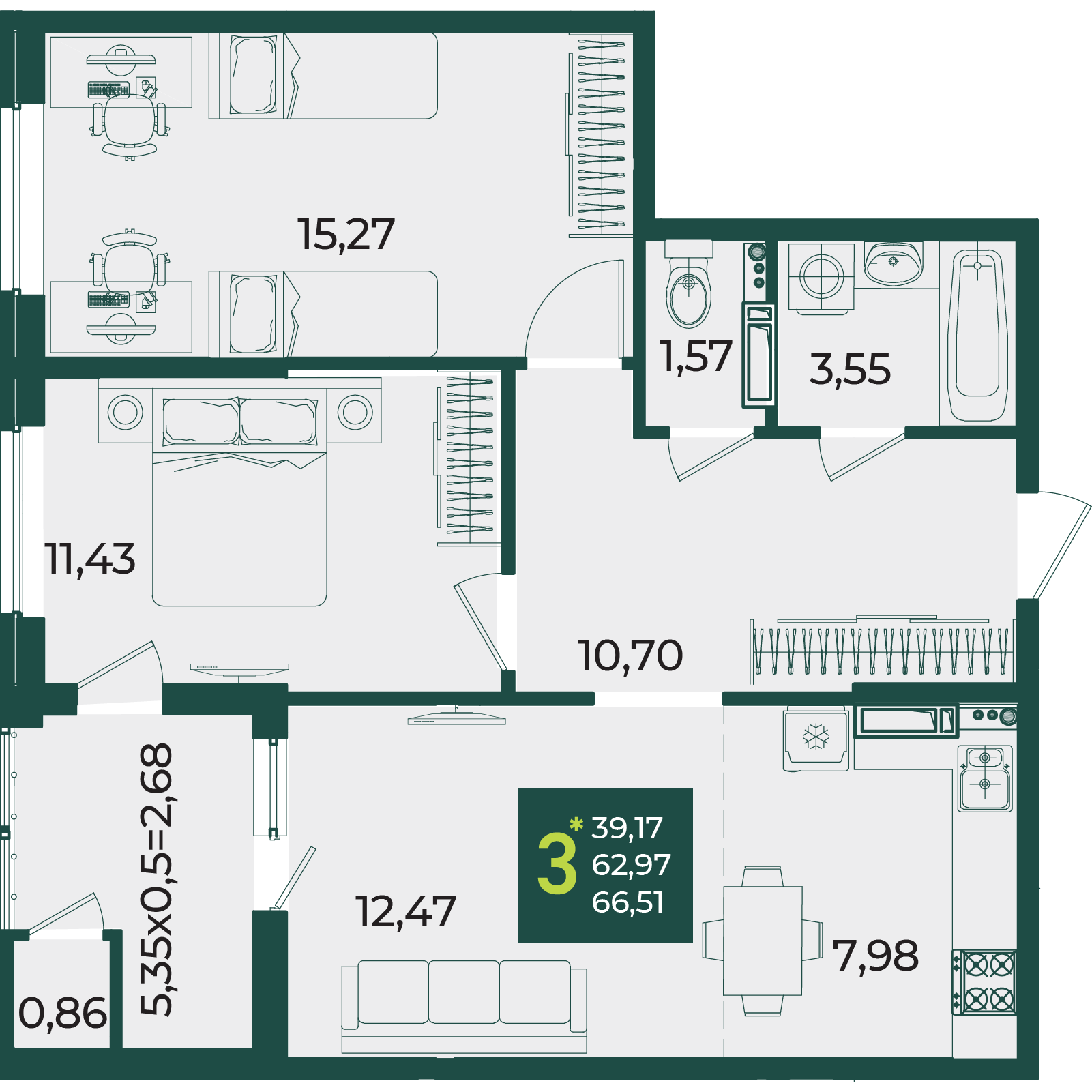 Планировка: 3-комн. квартира 66,5 м²