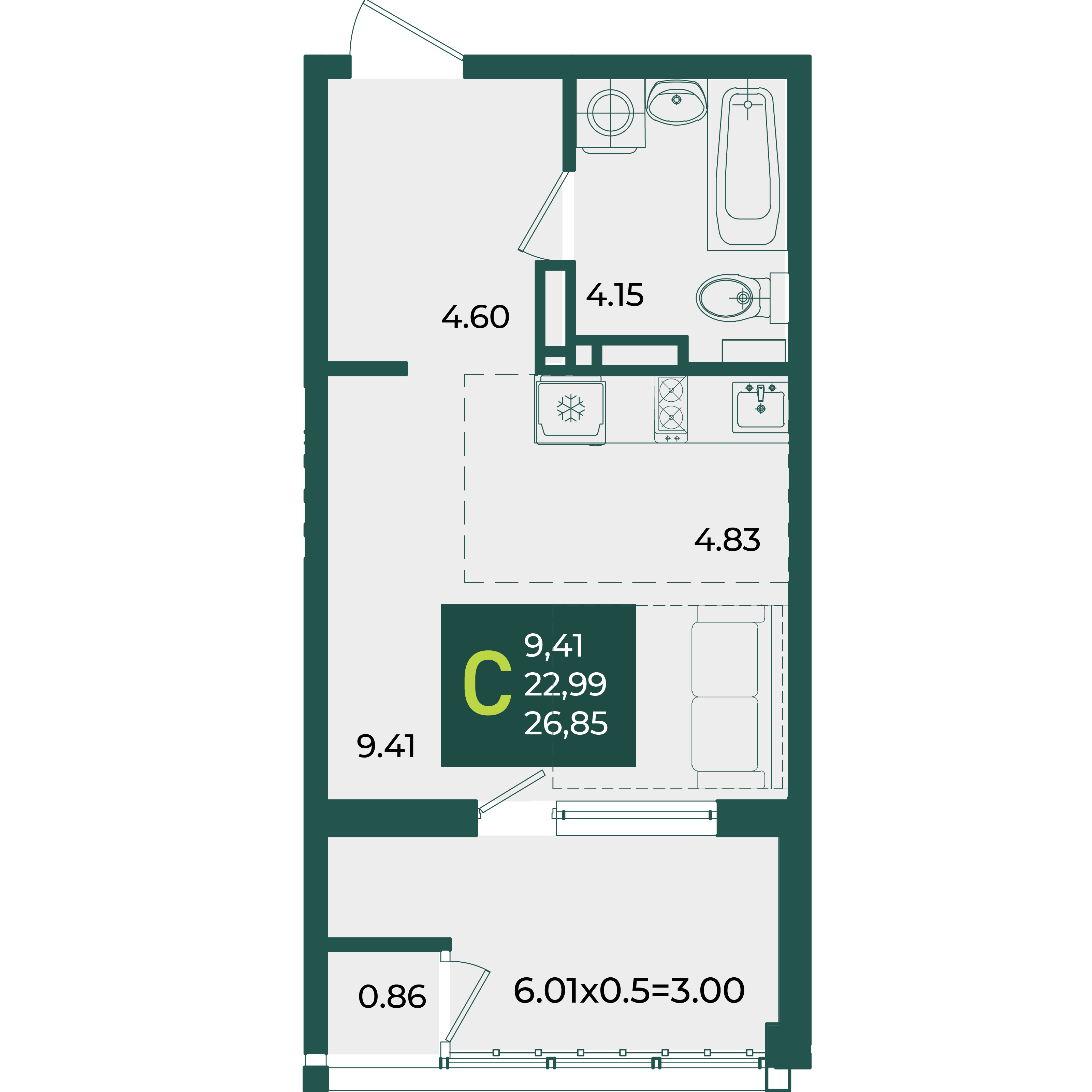 Планировка: Студия 26,9 м²