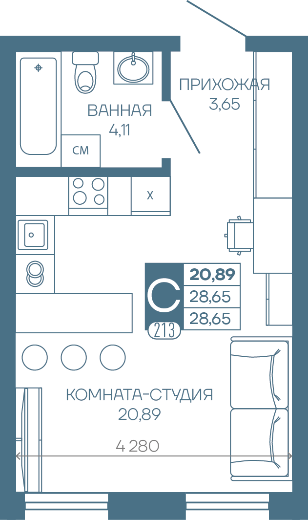 Планировка: Студия 28,7 м²
