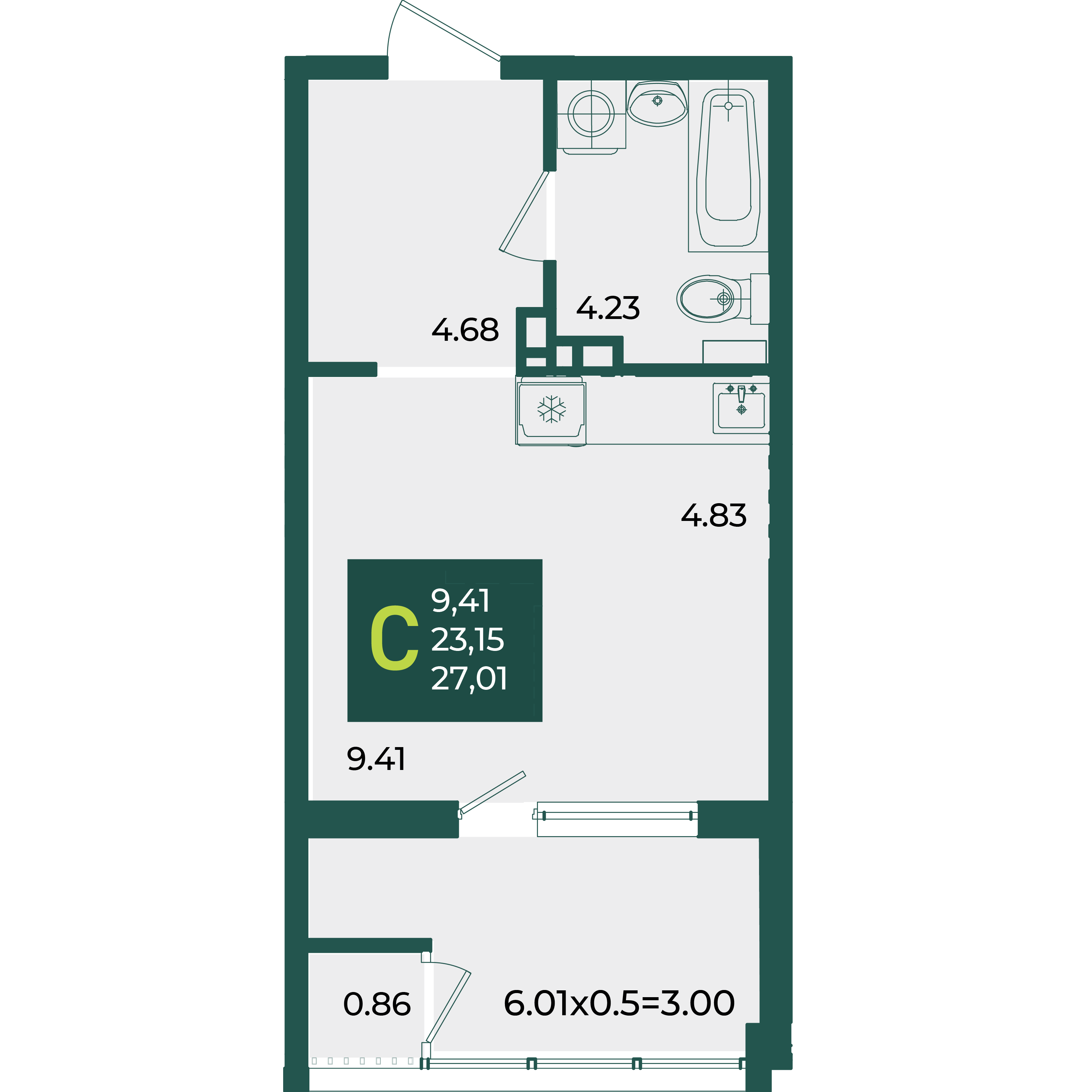 Планировка: Студия 27 м²