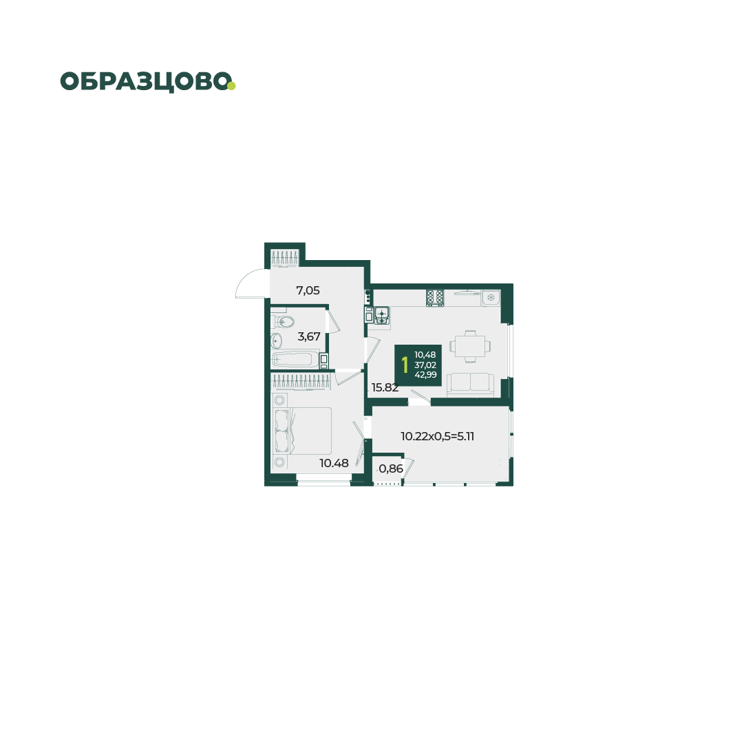 Планировка 1-комнатная 42,99 м²