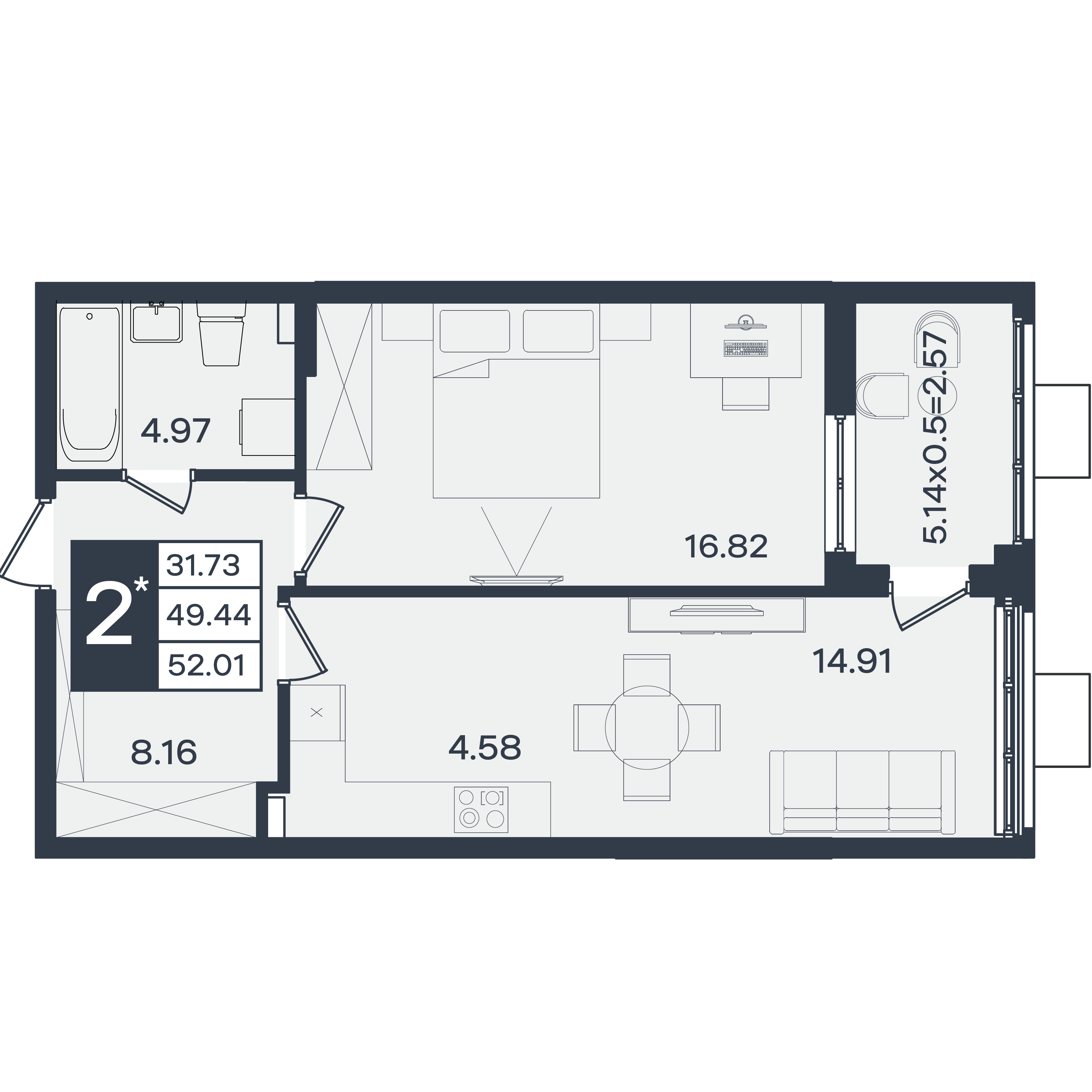 Планировка: 2-комн. квартира 52 м²