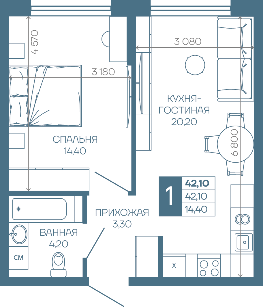 Планировка 1-комнатная 42,1 м²