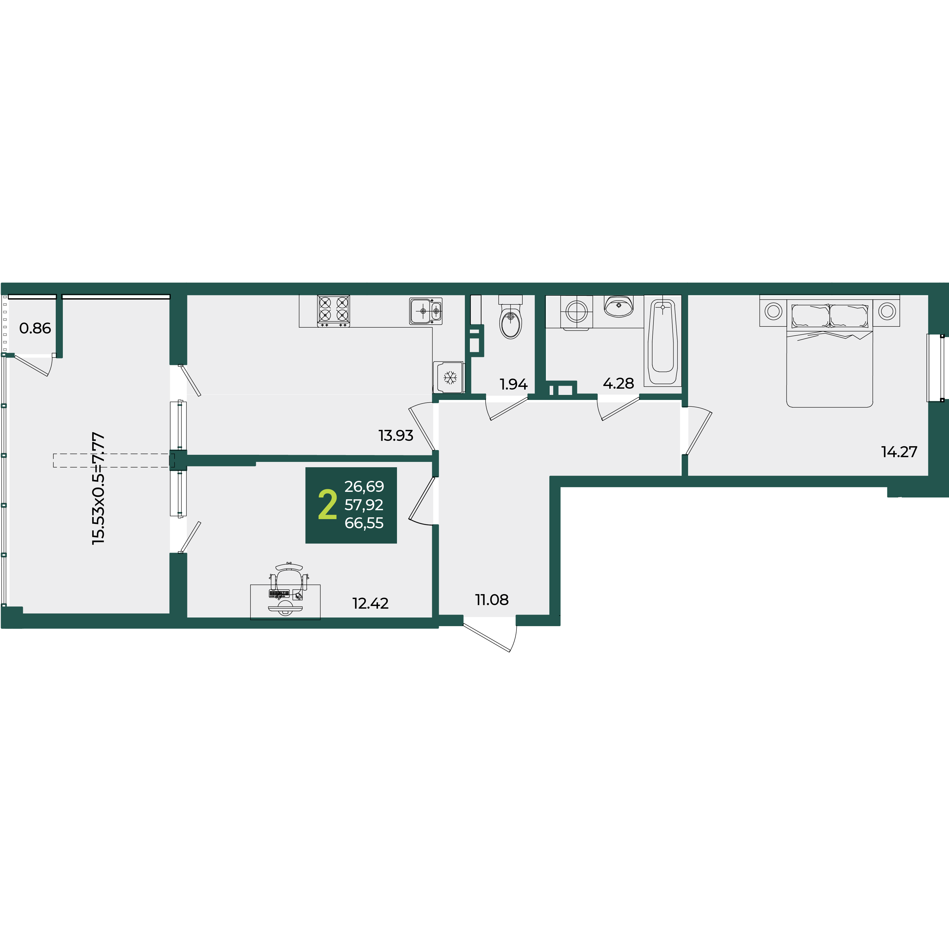 Планировка: 2-комн. квартира 66,6 м²