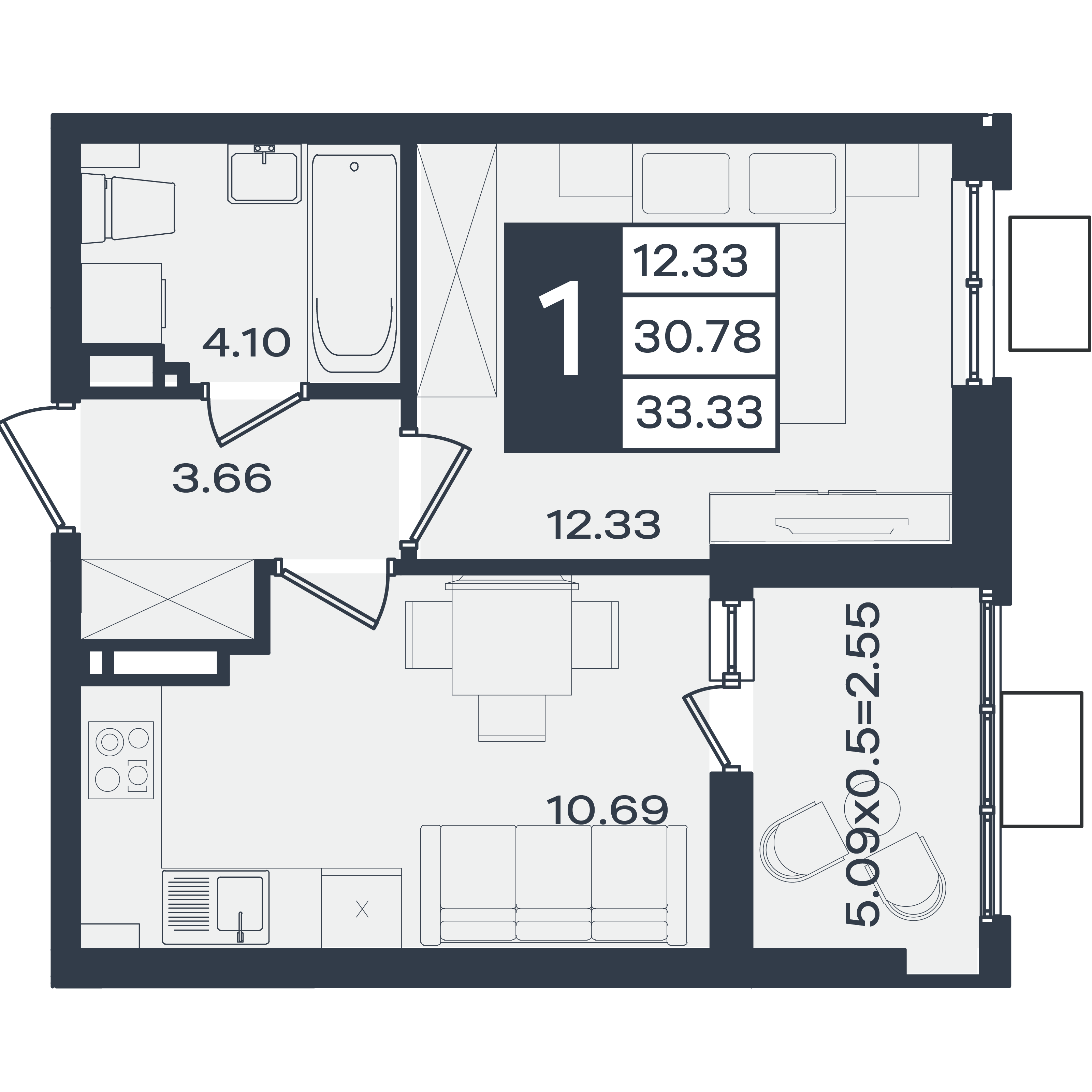 Планировка: 1-комн. квартира 33,3 м²