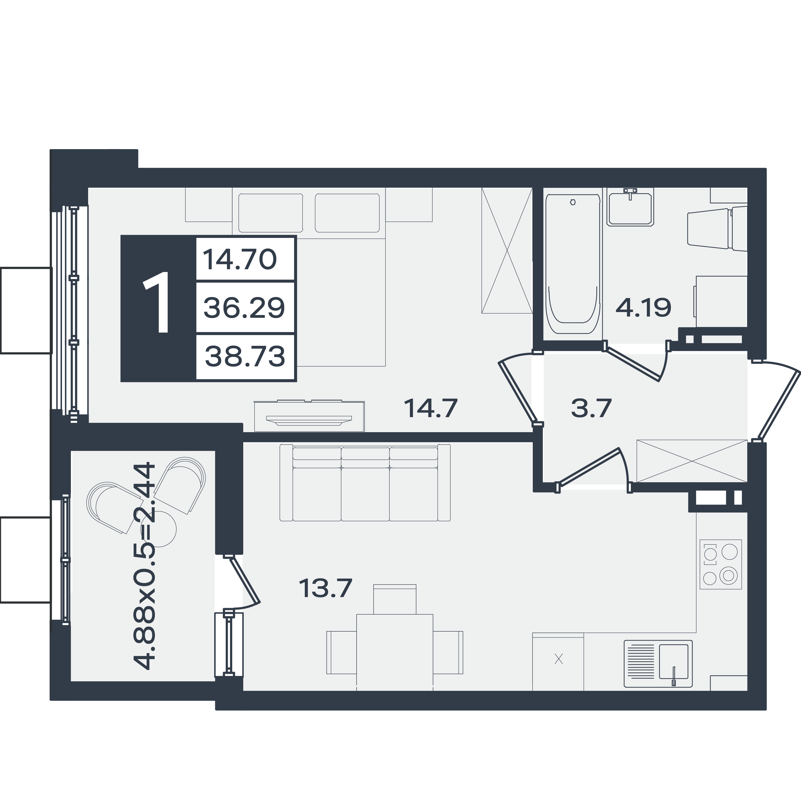 Планировка: 1-комн. квартира 38,7 м²