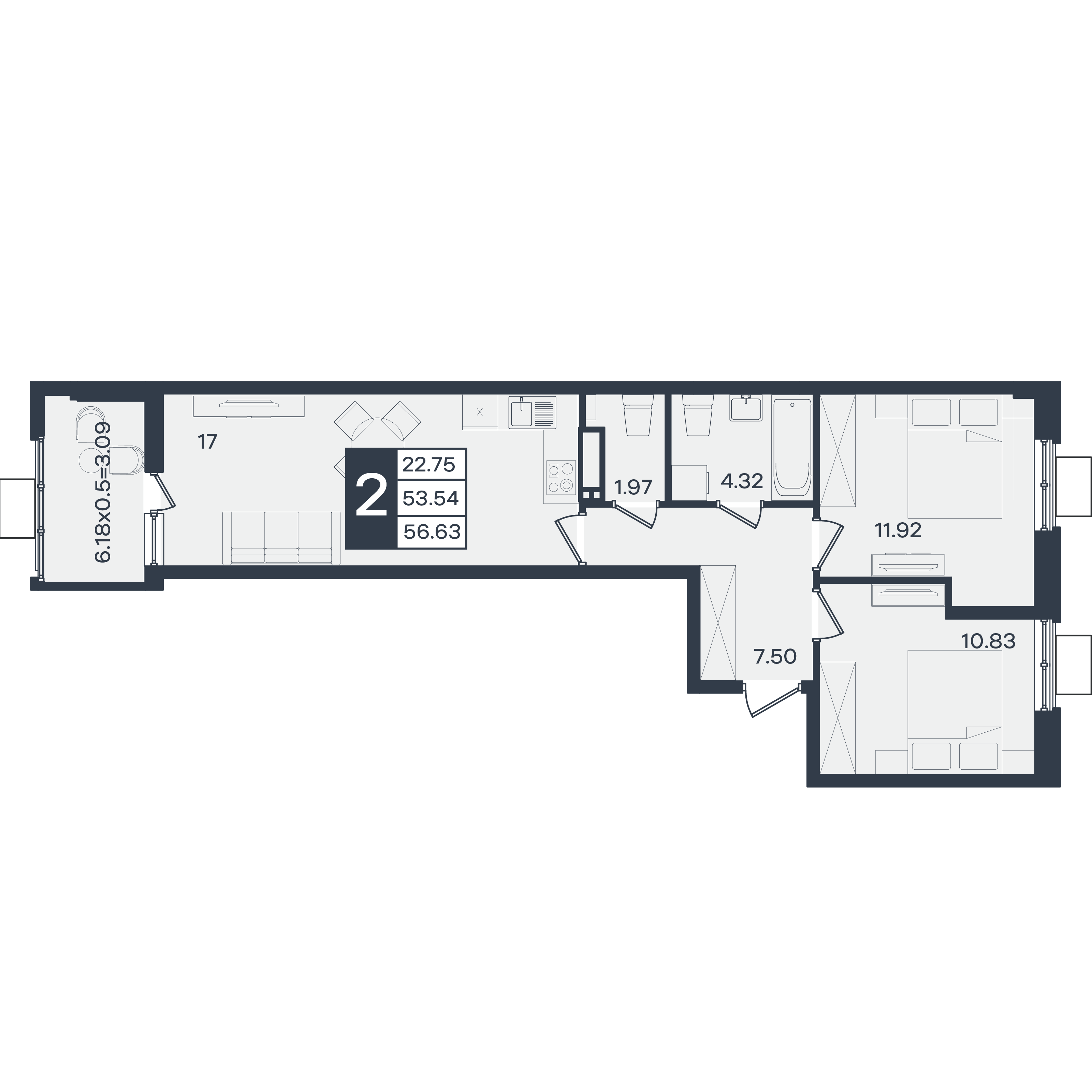 Планировка: 2-комн. квартира 56,6 м²