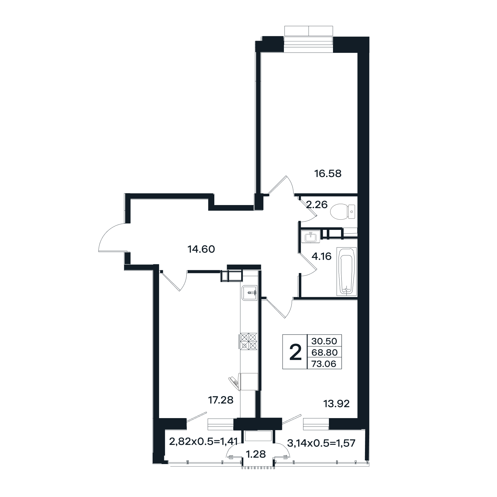 Планировка 2-комнатная 73,06 м²
