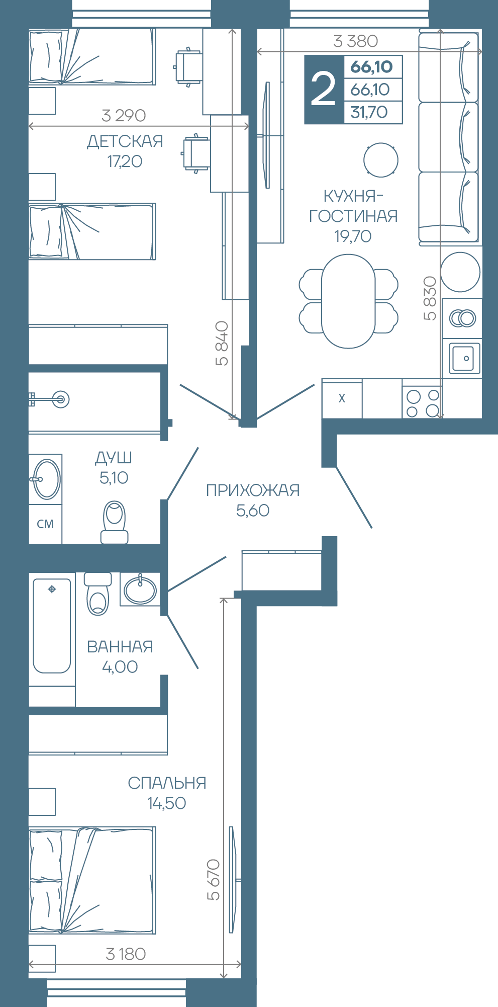 Планировка 2-комнатная 66,1 м²