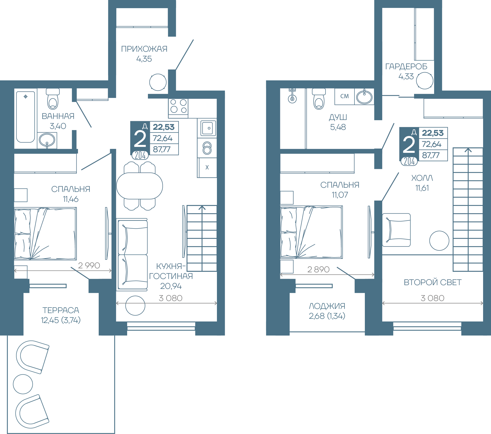 Планировка 2-комнатная 77,72 м²