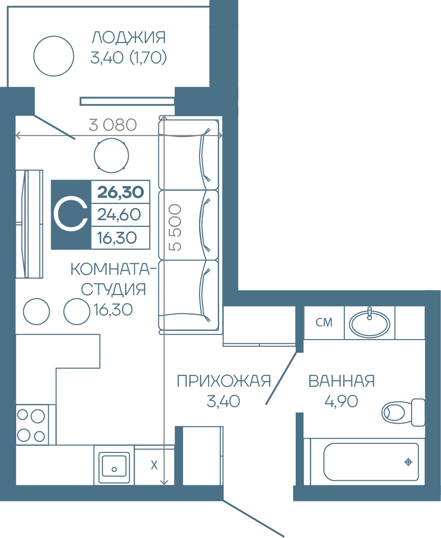 Планировка: Студия 26,3 м²