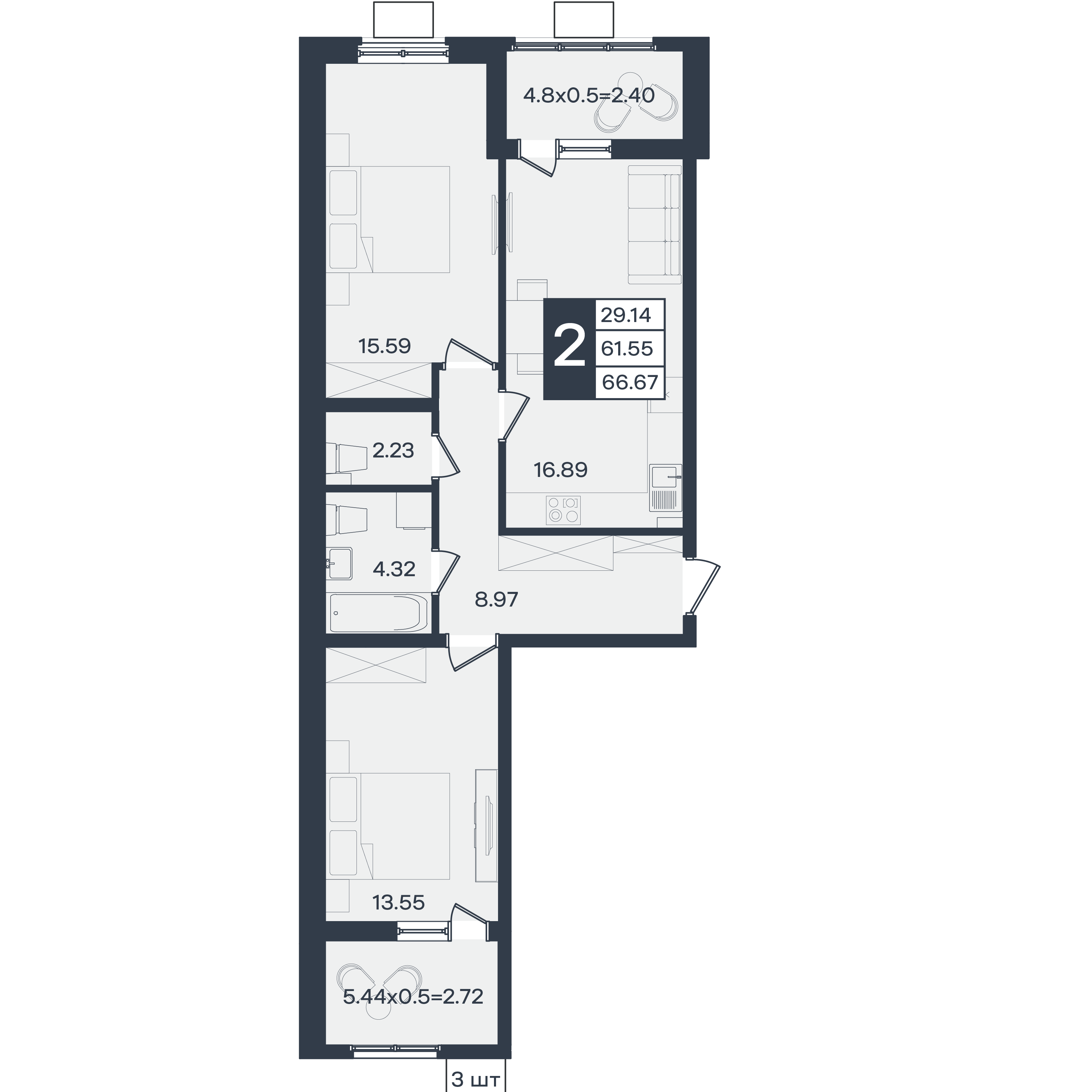 Планировка: 2-комн. квартира 66,7 м²