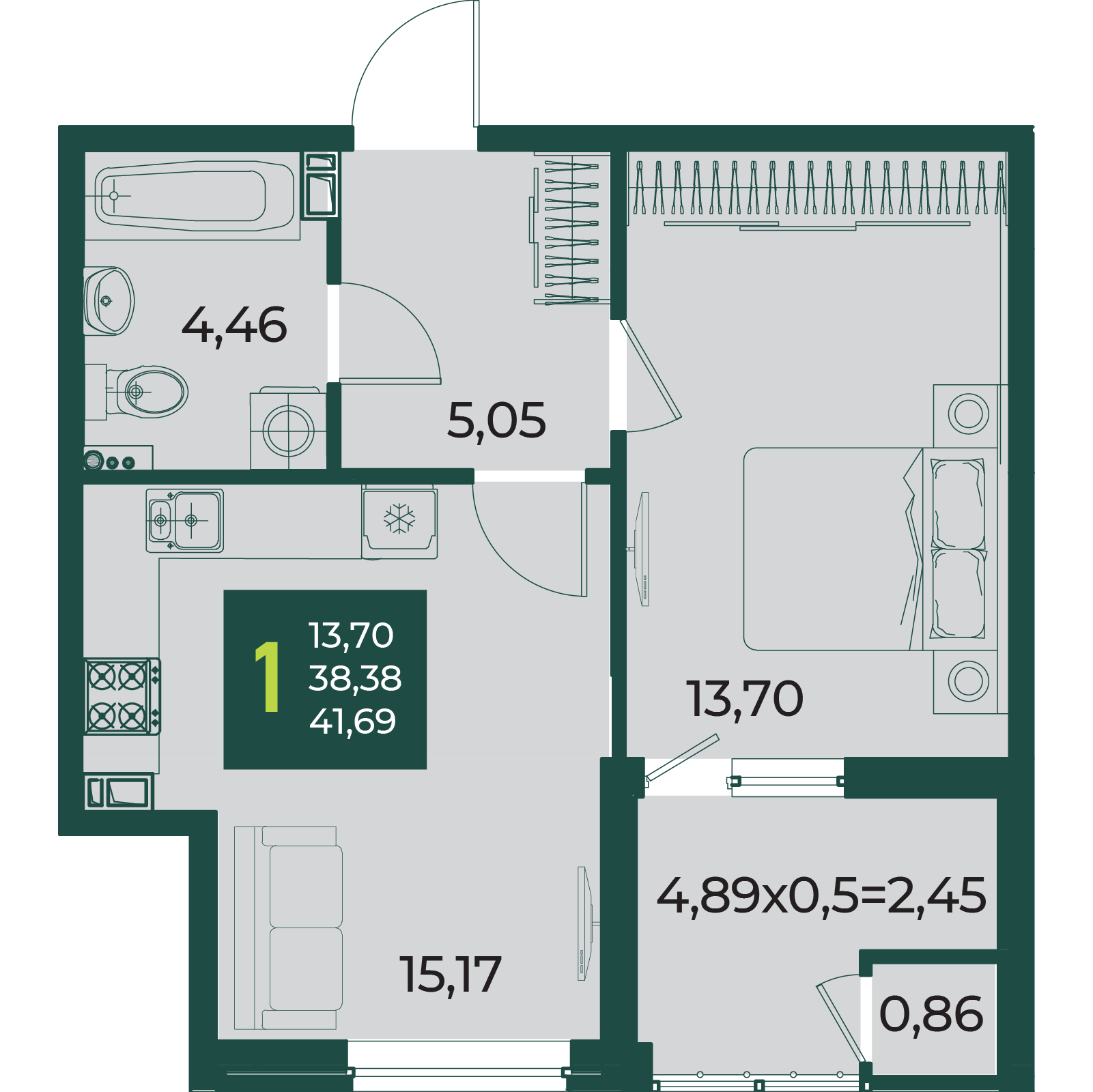 Планировка: 1-комн. квартира 41,7 м²
