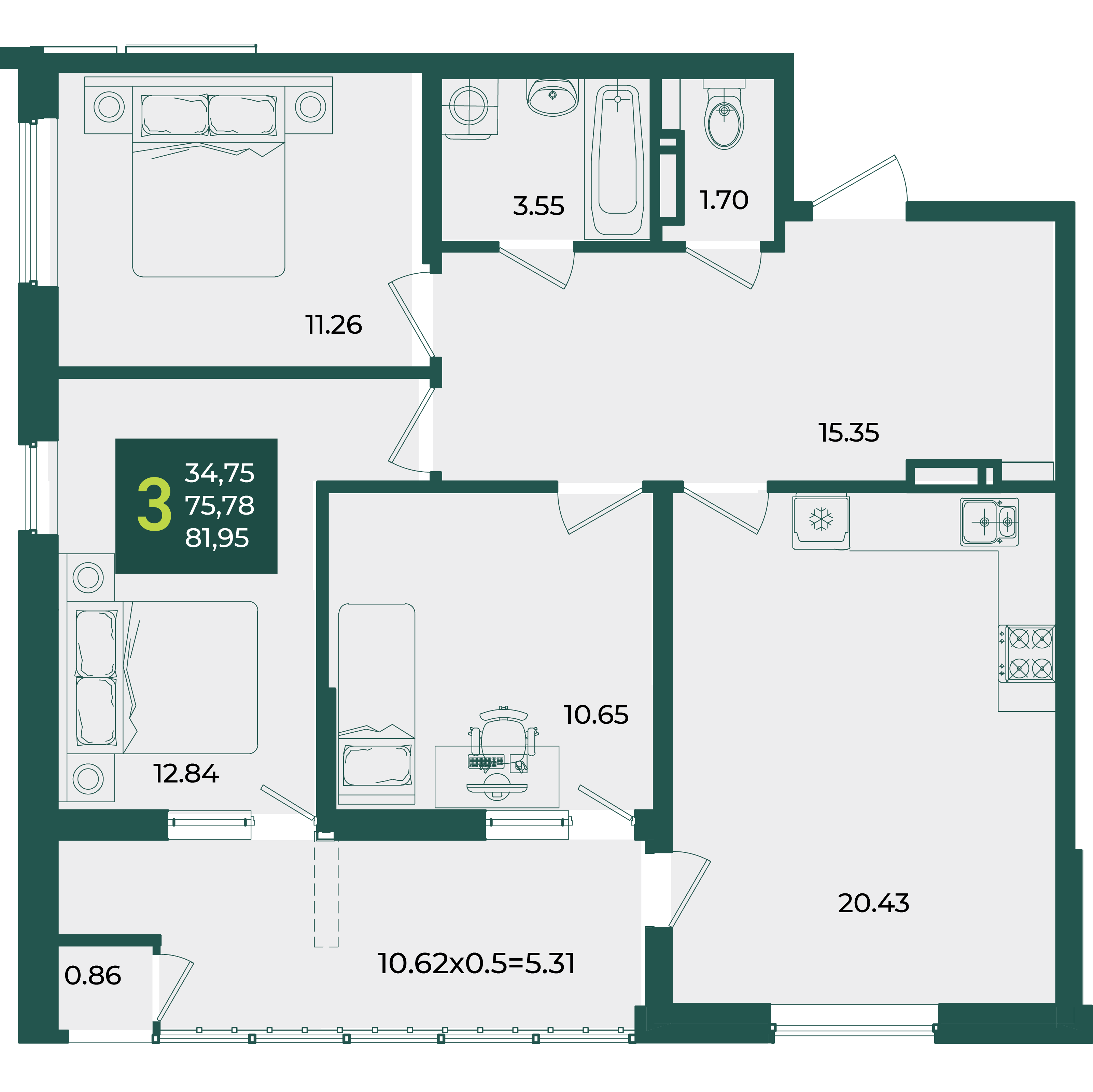 Планировка 3-комнатная 81,95 м²