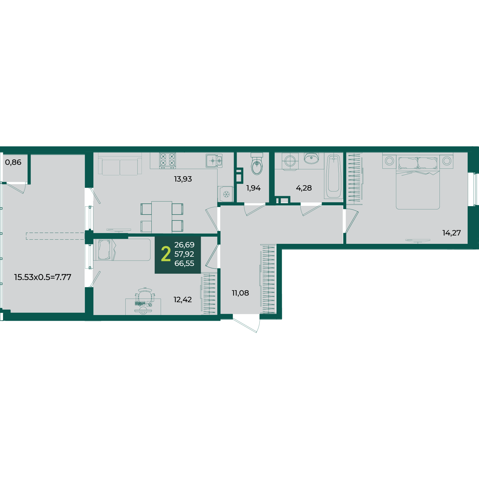 Планировка: 2-комн. квартира 66,6 м²