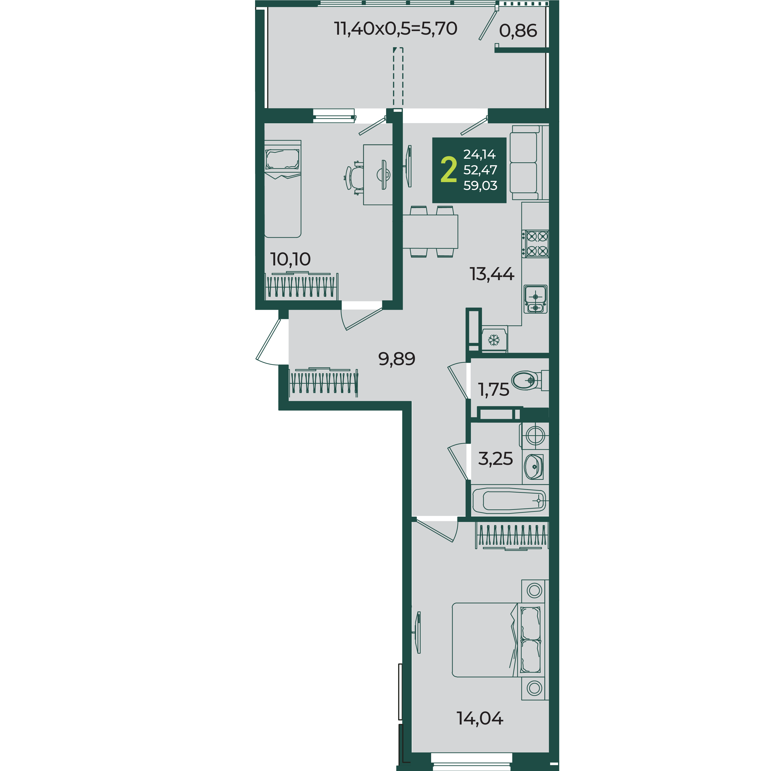 Планировка: 2-комн. квартира 59 м²