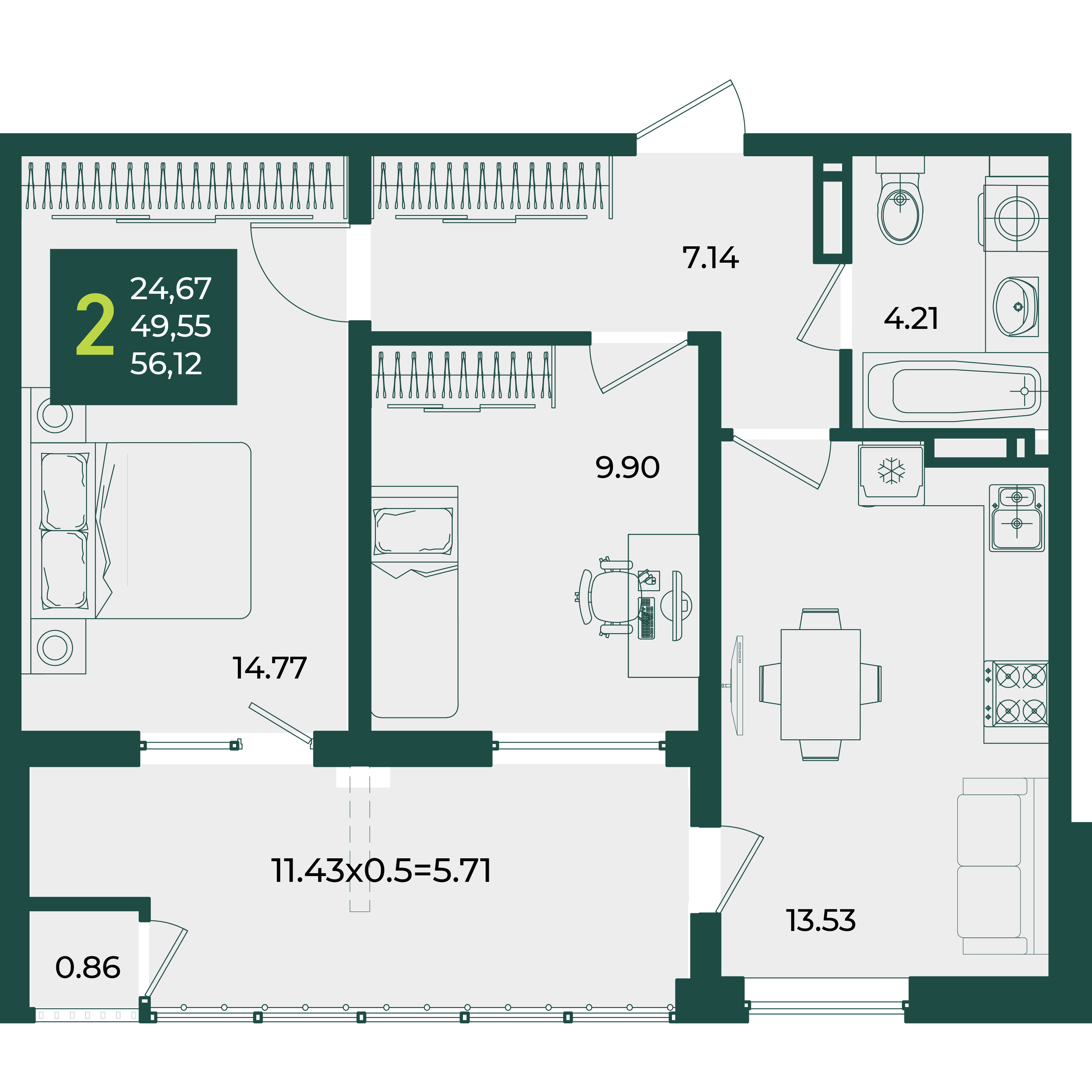 Планировка 2-комнатная 56,12 м²