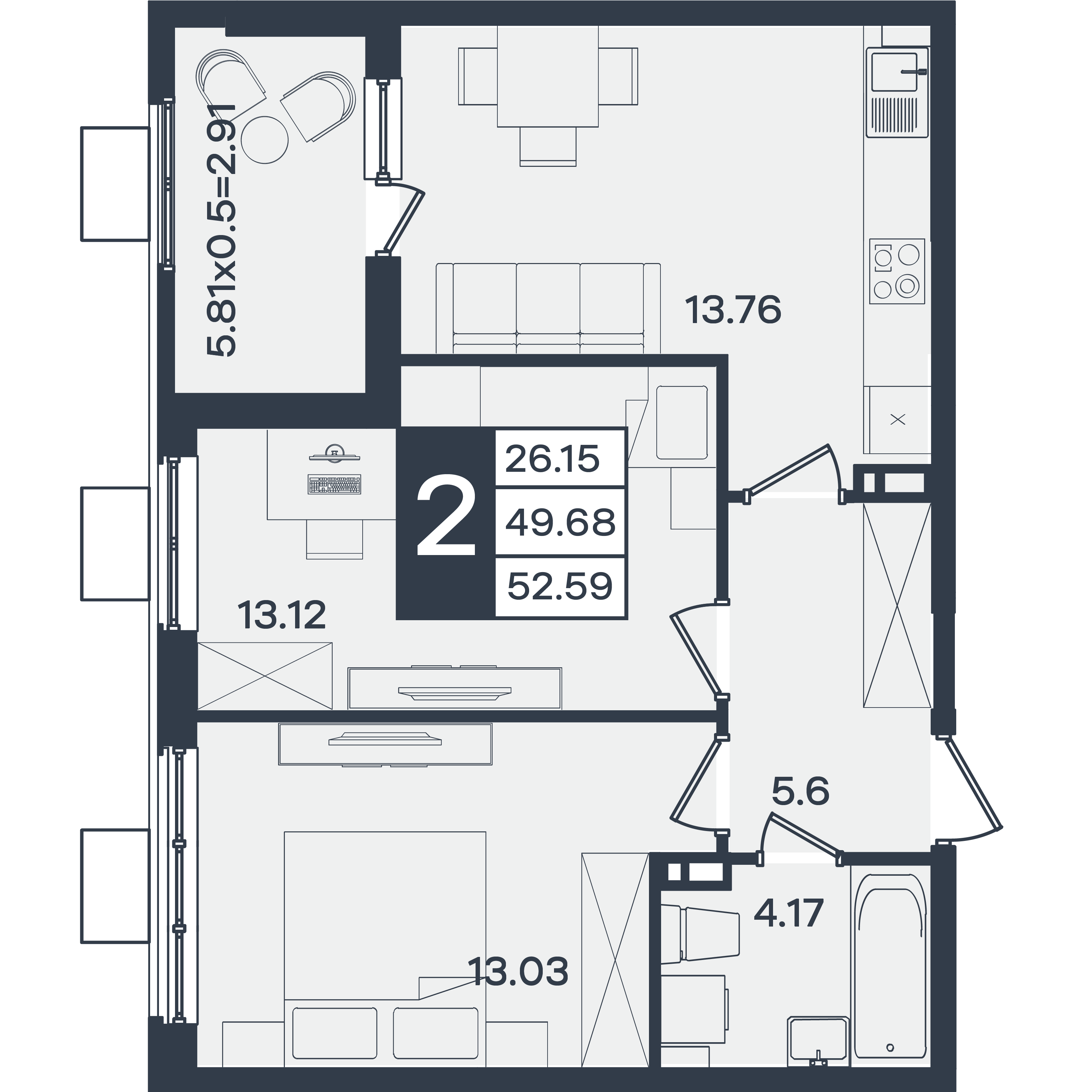 Планировка: 2-комн. квартира 52,6 м²