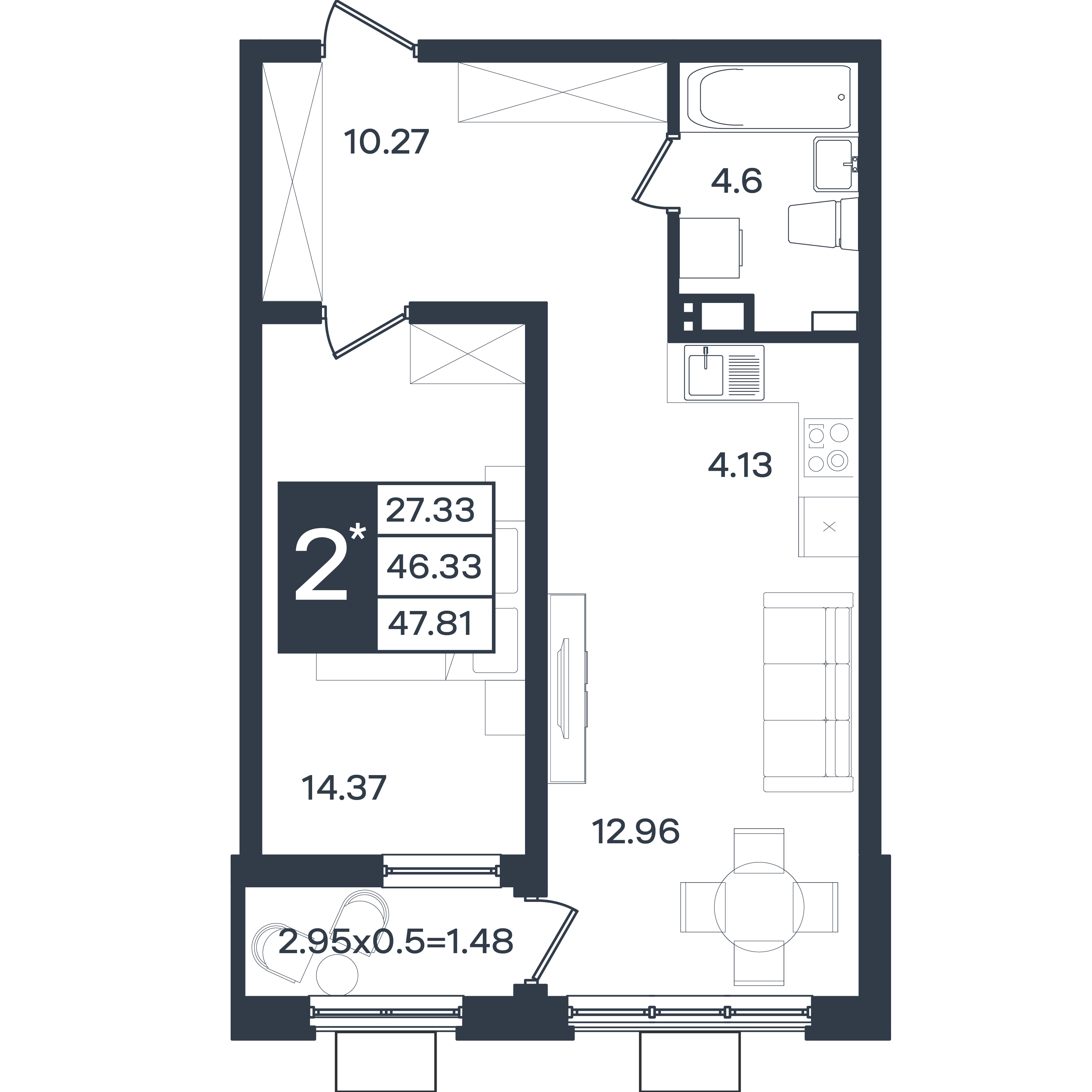 Планировка: 2-комн. квартира 47,8 м²