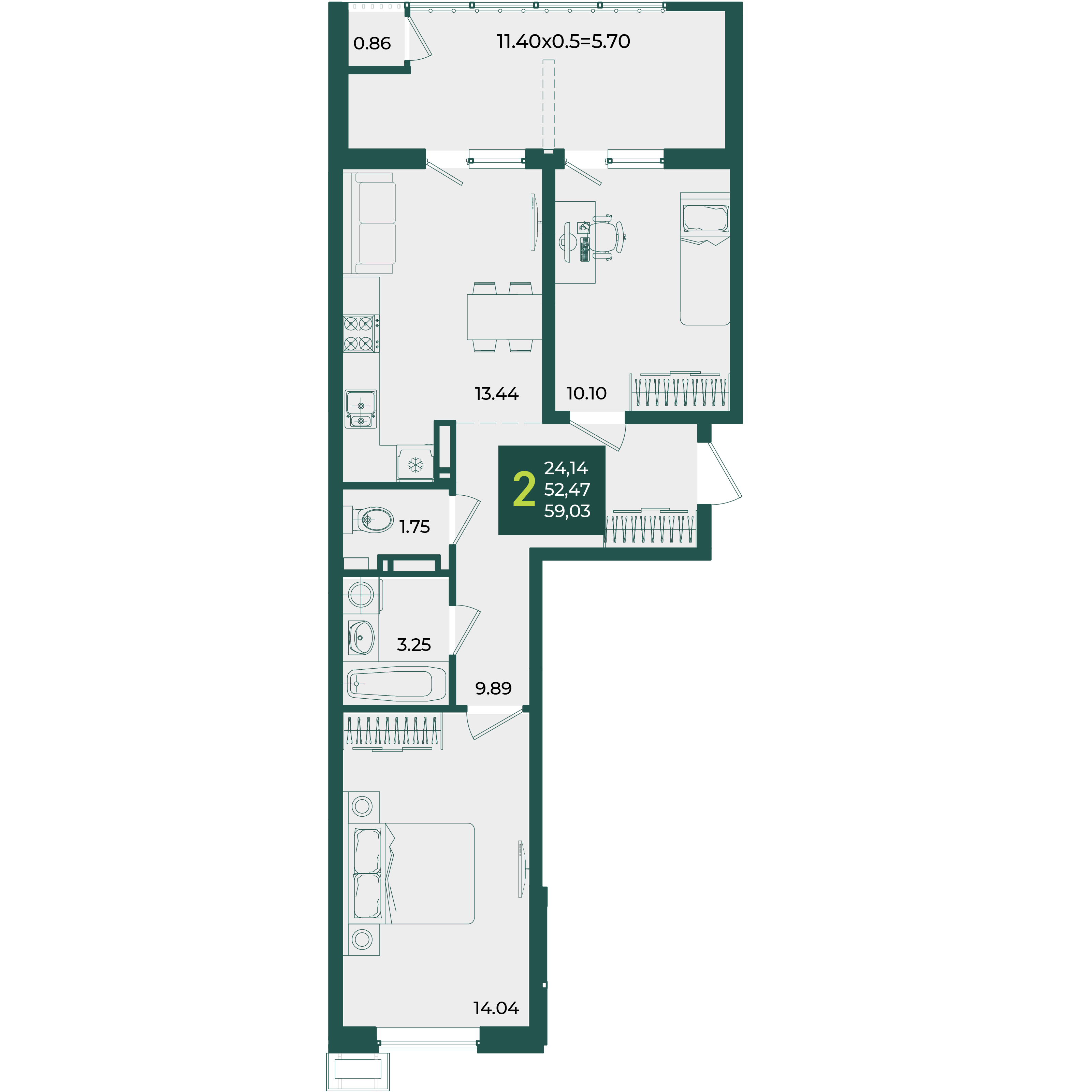 Планировка 2-комнатная 59,03 м²