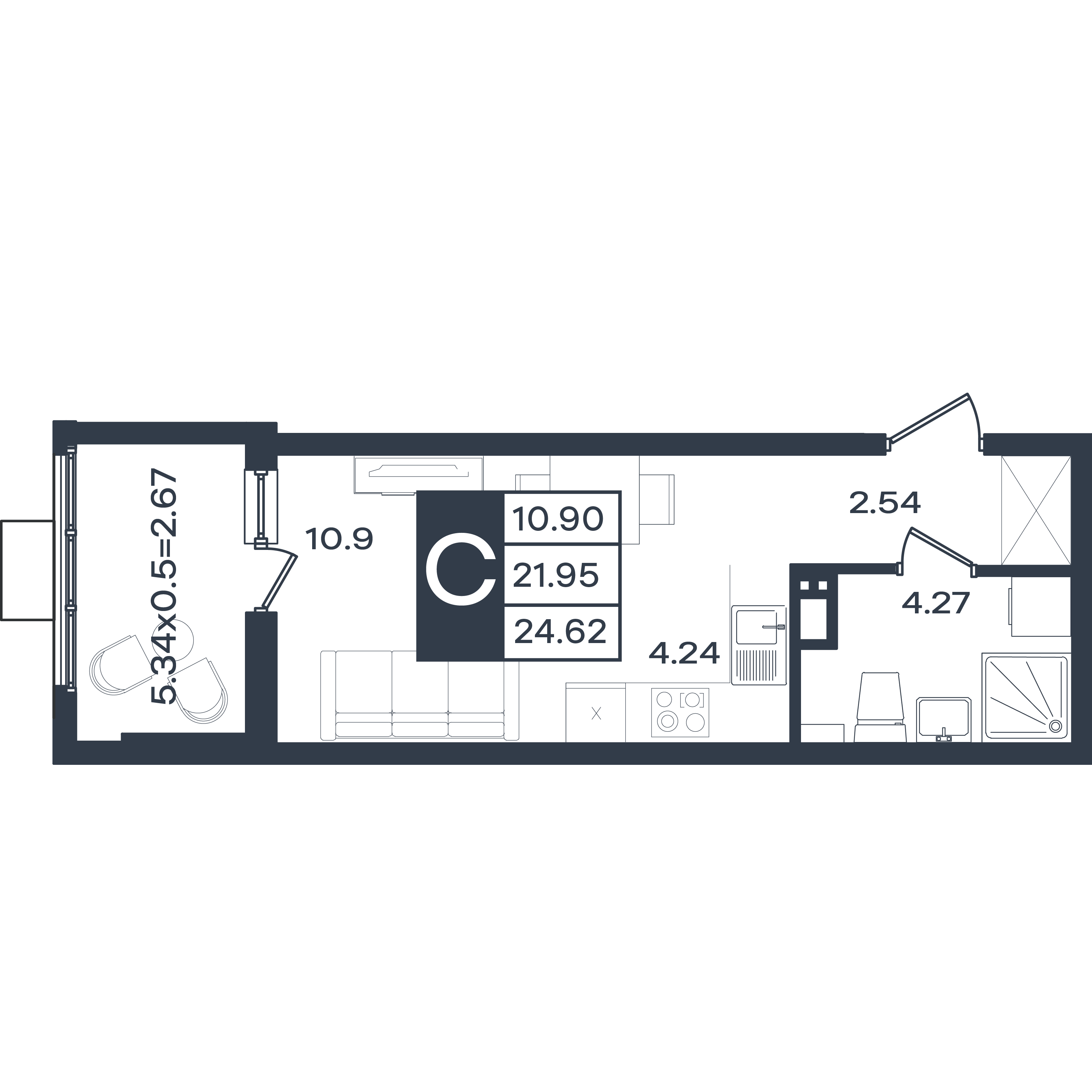 Планировка: Студия 24,6 м²