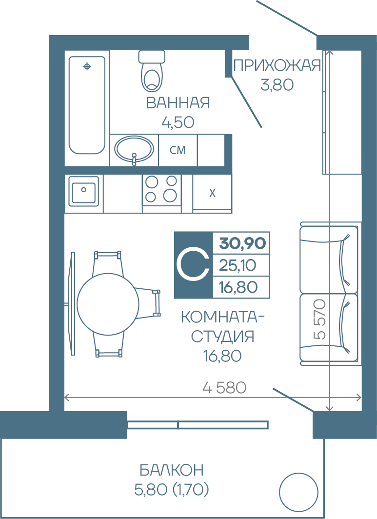Планировка: Студия 26,8 м²