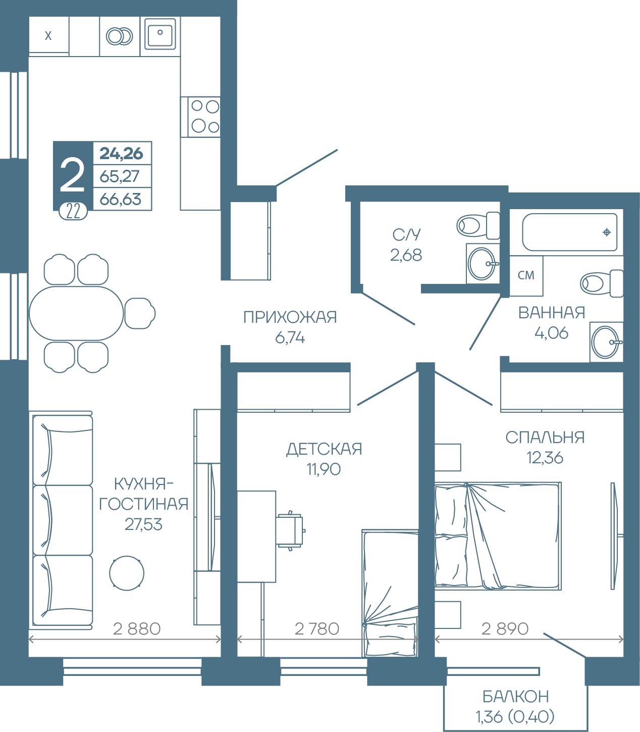 Планировка: 2-комн. квартира 65,7 м²