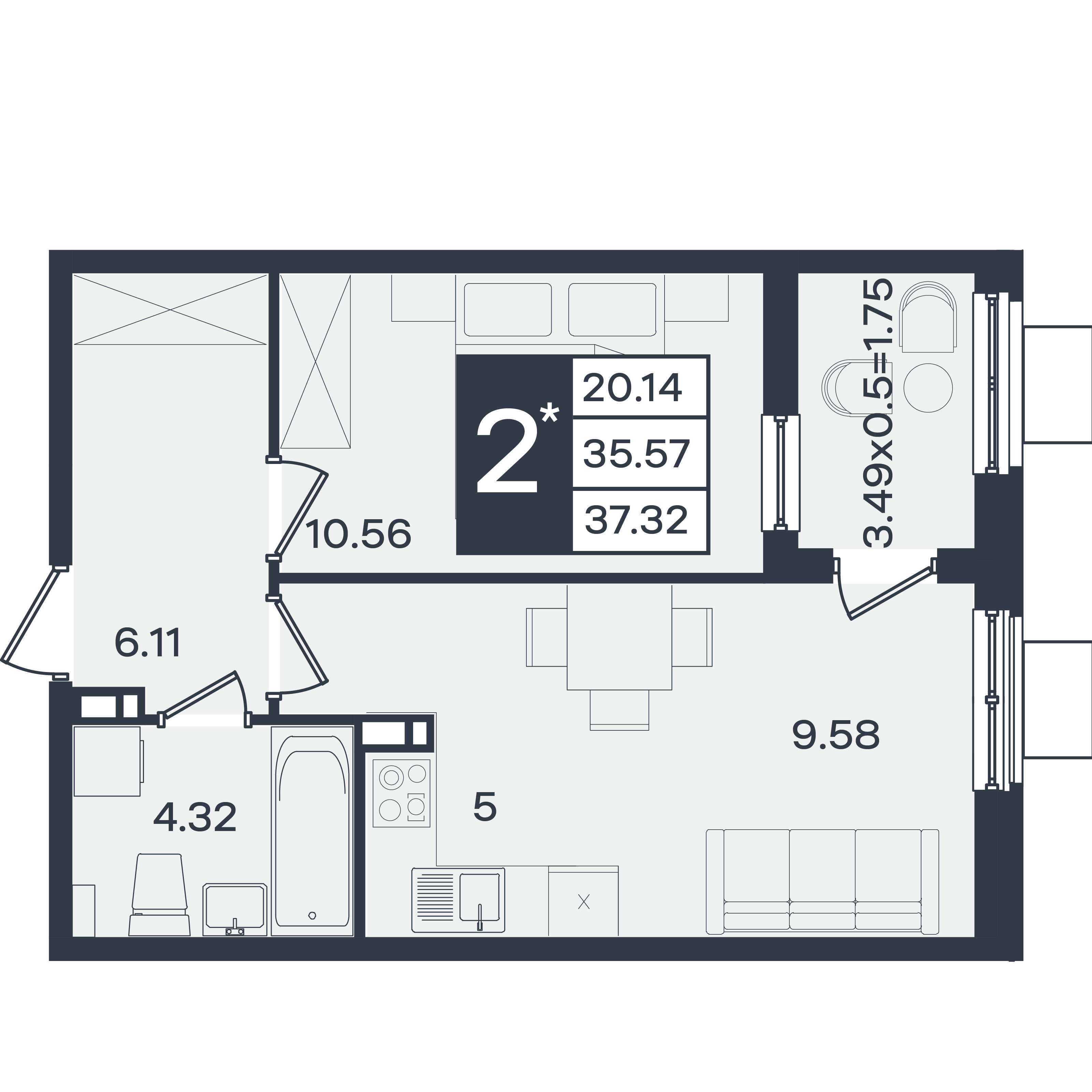 Планировка: 2-комн. квартира 37,3 м²