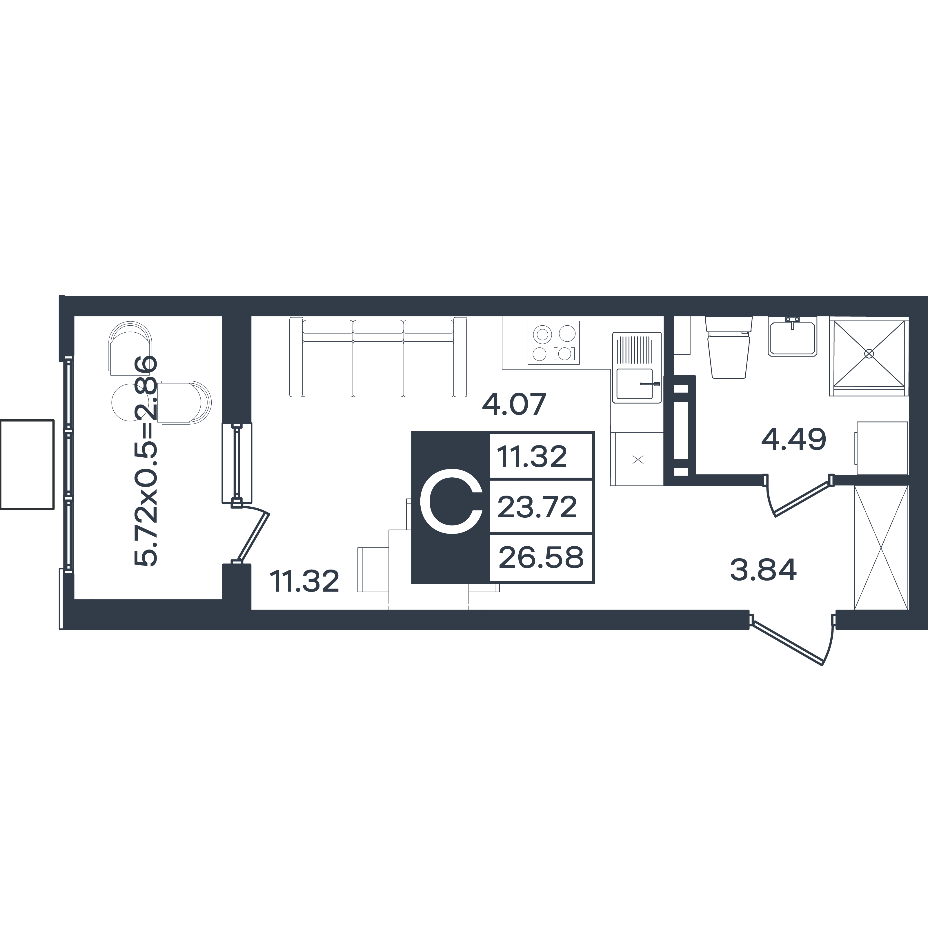 Планировка: Студия 26,6 м²